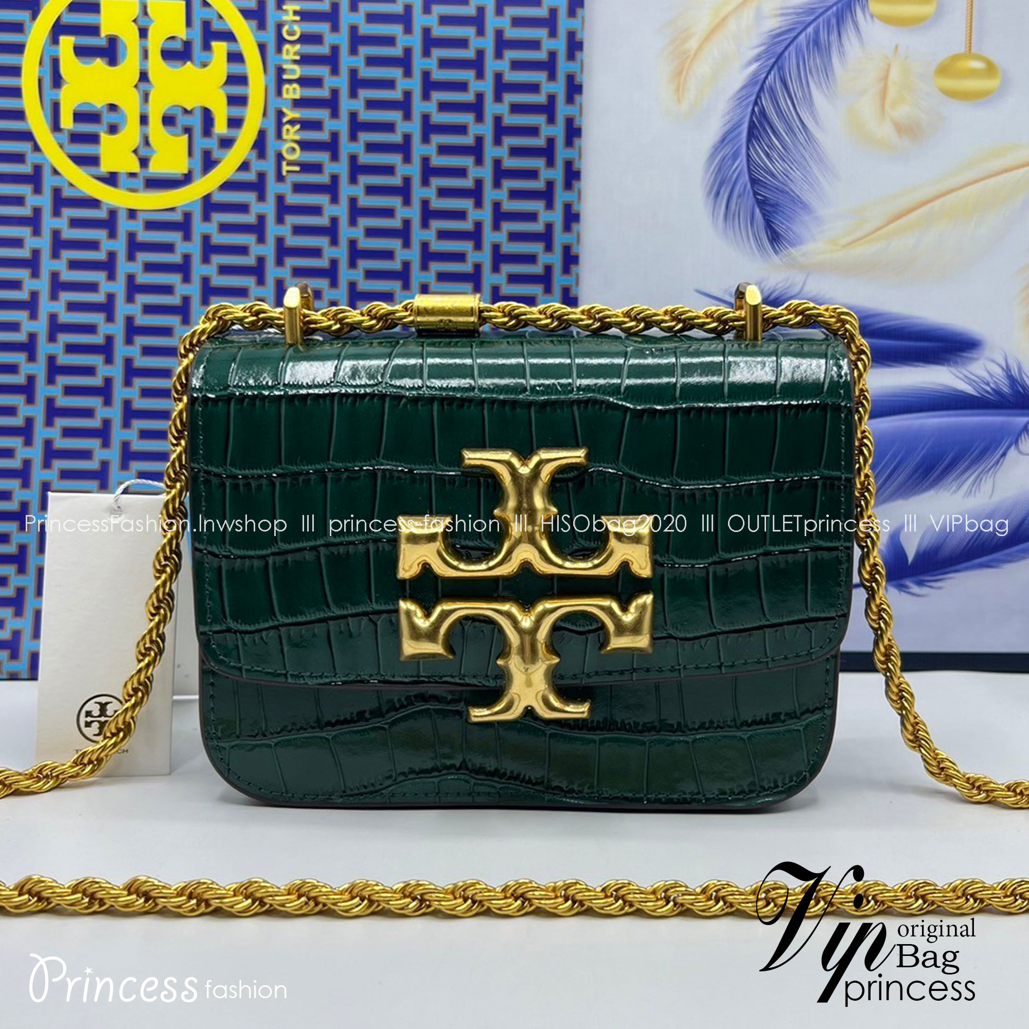 6 สี Tory Burch Croc Eleanor Small Bag / TORY BURCH ELEANOR CROC EMBOSSED LEATHER กระเป๋าสะพายหนังพิมพ์ลายจระเข้ ดีไซน์หรูหรา โด่นเด่นด้วยโลโก้แบรนด์อะไหล่ด้านหน้า และสายสะพายโลหะสีทอง