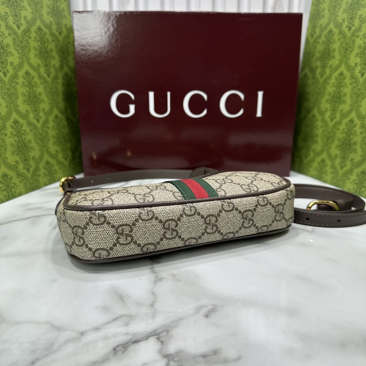 8" ORI หนังแท้ | Gucci Ophidia mini shoulder bag GG Monogram Double G / Gucci Hobo Bag กระเป๋าสะพายทรงโฮโบขนาดมินิ