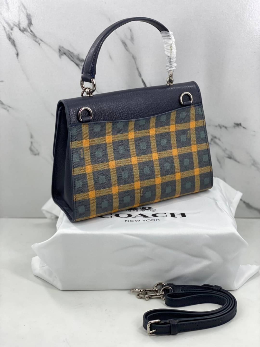 COACH TILLY TOP HANDLE SATCHEL WITH GINGHAM PRINT (COACH F76615) BROWN PINK MULTI/GOLD