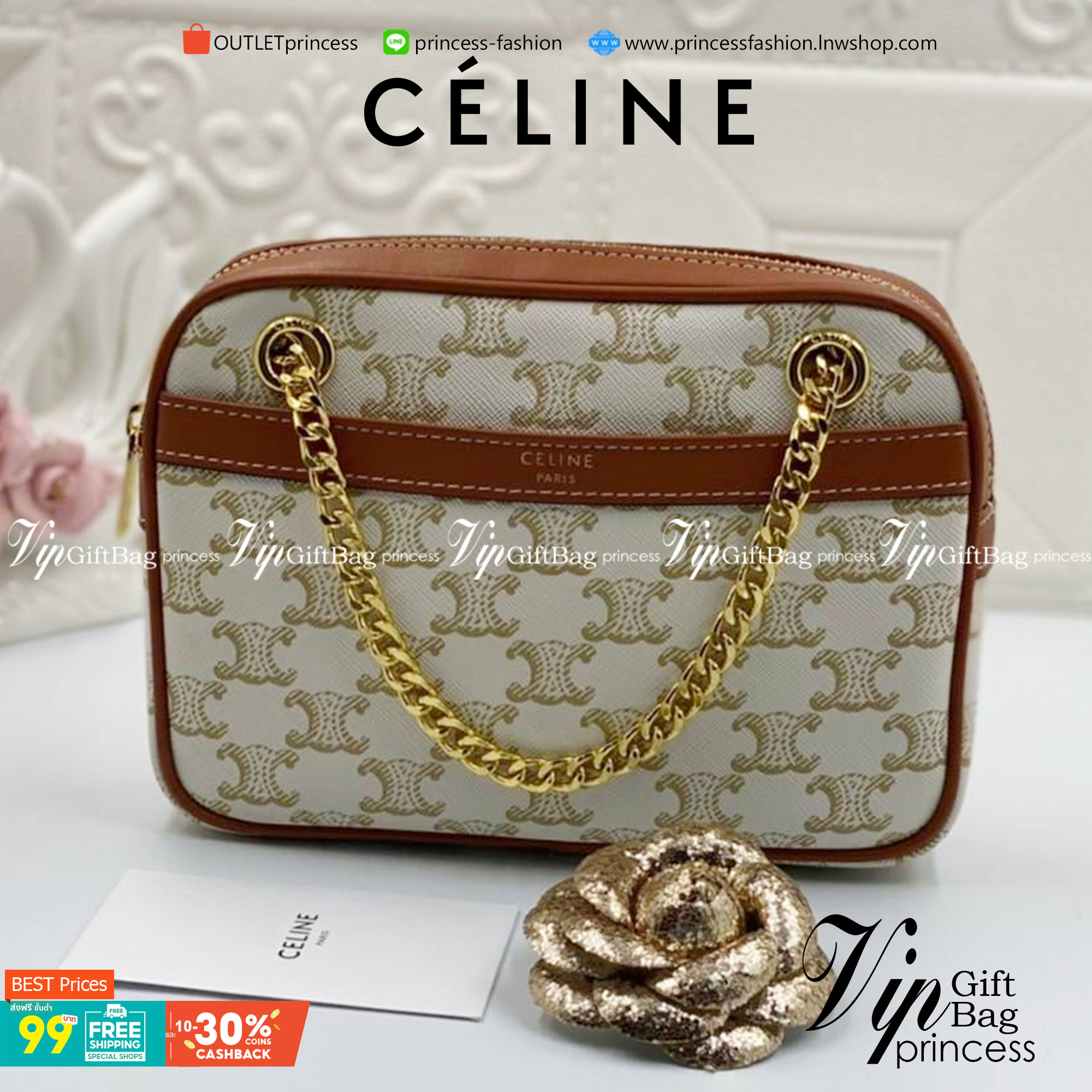 VIP GIFT 】หนังแท้ CELINE SMALL PATAPANS IN TRIOMPHE CANVAS AND CALFSKIN ดีไซน์สวยหรูฮิตสุดในเกาหลี! หนังสวยอยู่ทรง เปิดปิดด้วยซิปแบรนด์สีทอง ภายในโล่งกว้างและจุสามารถใส่มือถือ กระเป๋าสตางค์ ของใช้ได้เยอะ สายสะพายโซ่อะไหล่ทองหรูเลื่อนได้จะใช้สายคู่สะพายไหบ