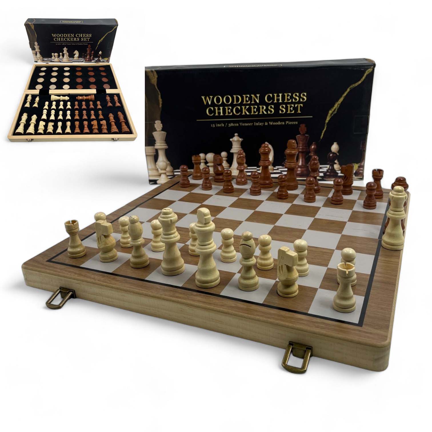 2IN1 หมากรุกสากลไม้ หมากฮอส กระดานแบบไม้พับได้ ขนาด 39x39 cm.มีช่องเก็บ(Chess,Checker)