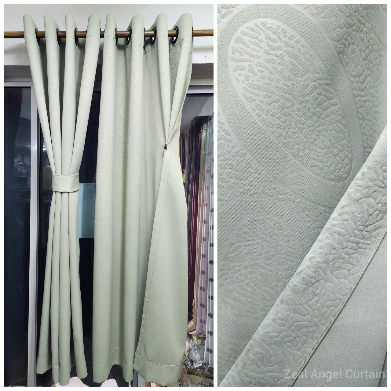 Zeal Angel ผ้าม่าน กันแสง ก.270*ส.150ซม./ผืน UV 90-95% รุ่นเซอร์เคิล( Circle)สีเทาหม่นเขียว (มี4สี)(แถมสายรัด)