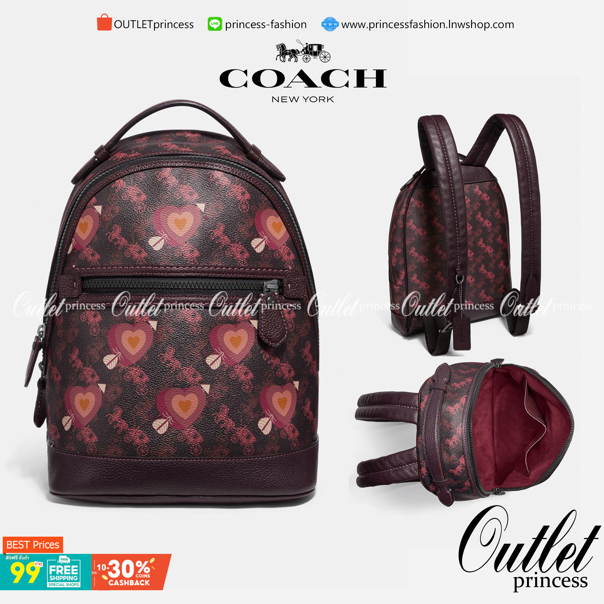 OUTLET 】COACH Barrow Backpack With Horse And Carriage Print And Hearts Oxblood (F79024) โดดเด่น ไม่จำเจ แถมใช้ดีไปอีก< 🌹สวยโดดเด่นอย่างลงตัว💃💃พลาดแล้ว พลาดเลยจ้ารอบนี้ // เป้รุ่นใหม่ canvas ผสมหนังแท้คุณภาพดี หนังนิ่มมือมากๆ ขนา