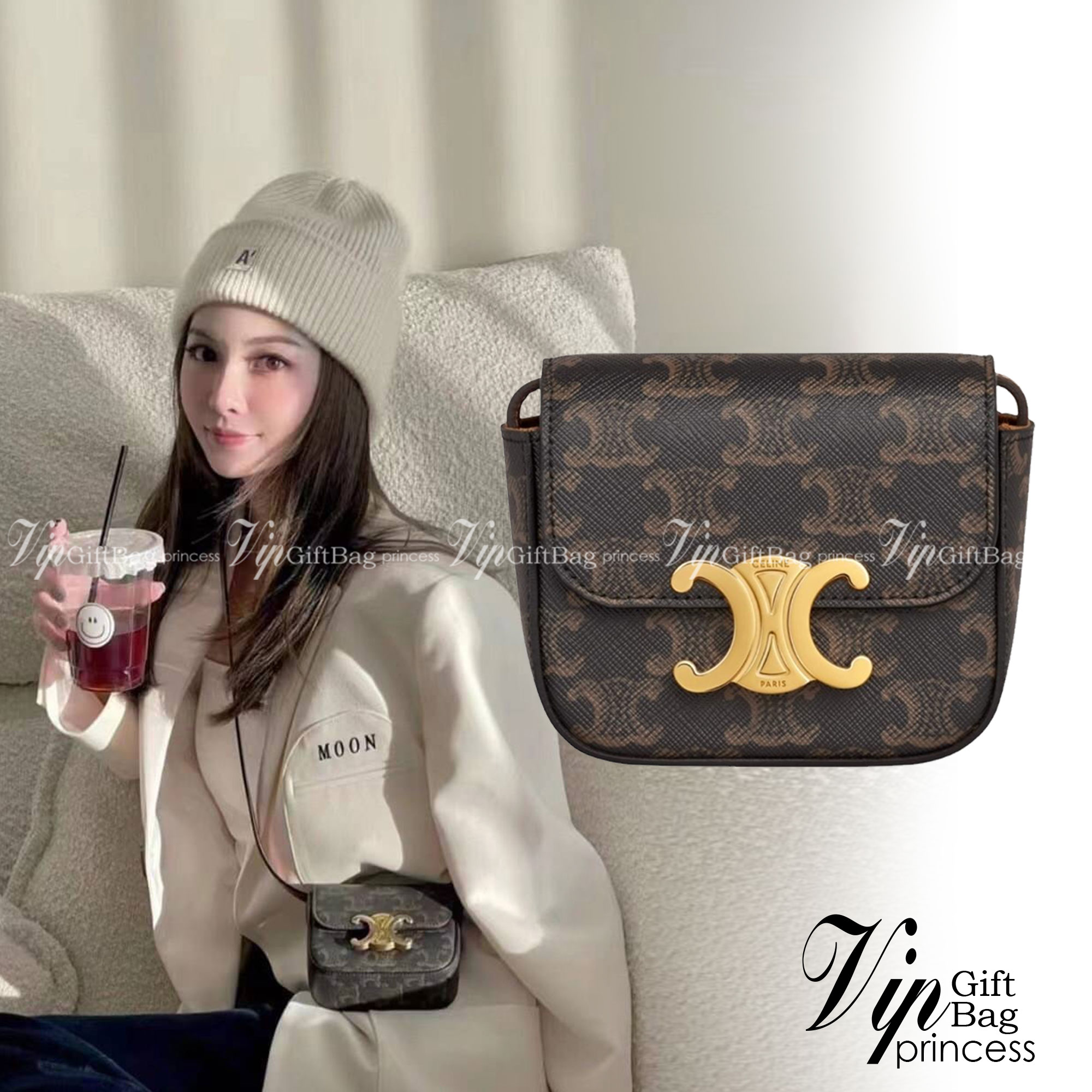 CELINE MINI TRIOMPHE IN TRIOMPHE Shiny calfskin เกรดออริจินอล กระเป๋ามินิทรงชิค ดีไซน์รูปกล่องสุดแสนมินิมอล สามารถสะพายแบบ Crossbody และยังเป็น Belt Bagได้อีกด้วย วัสดุแคนวาสลาย Triomphe แบบไม่มีตกยุค