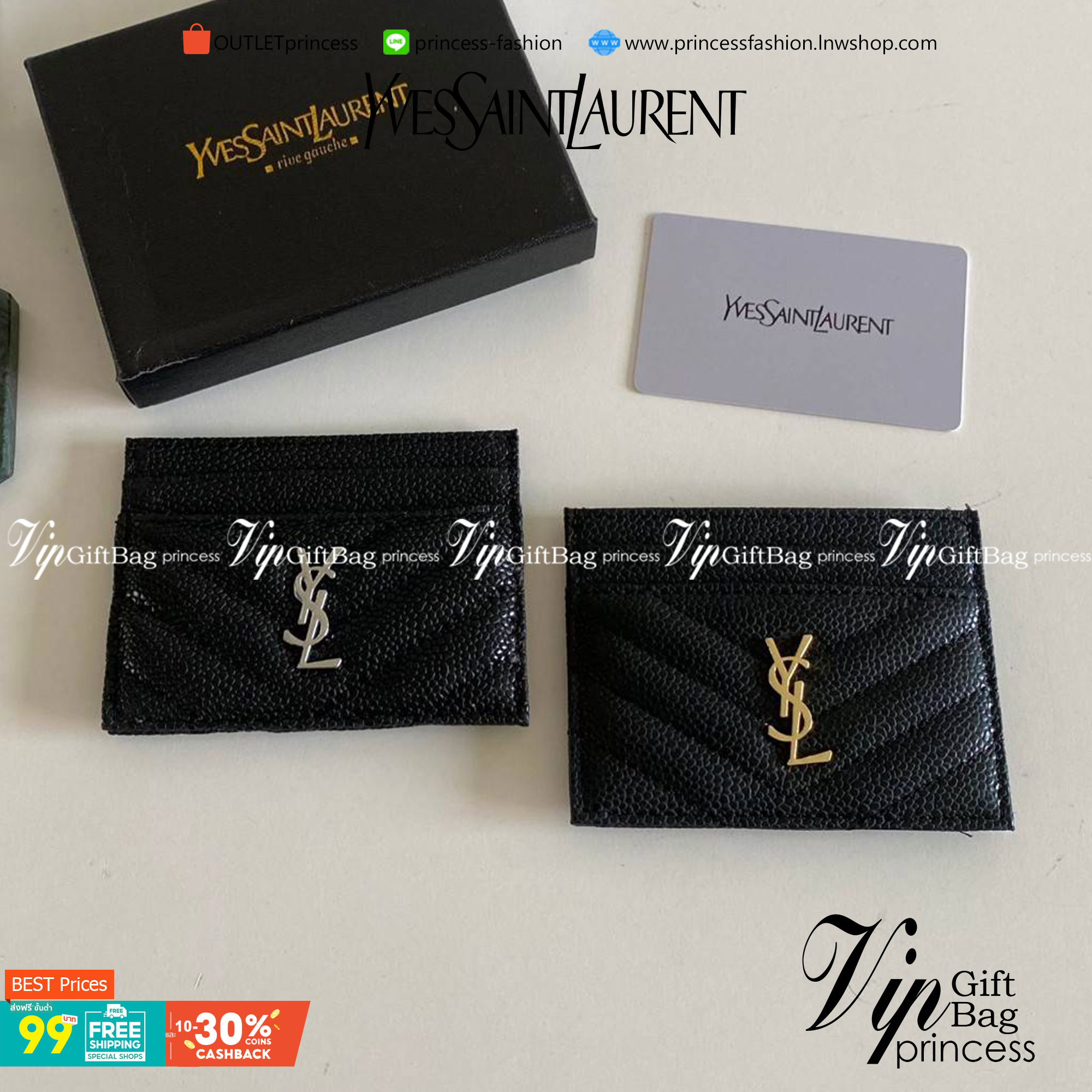 VIP 】หนังแท้ YSL SAINT LAURENT MONOGRAM CARD CASE IN GRAIN DE POUDRE EMBOSSED LEATHER (อะไหล่เงิน/อะไหล่ทอง) YSL CARD HOLDER
