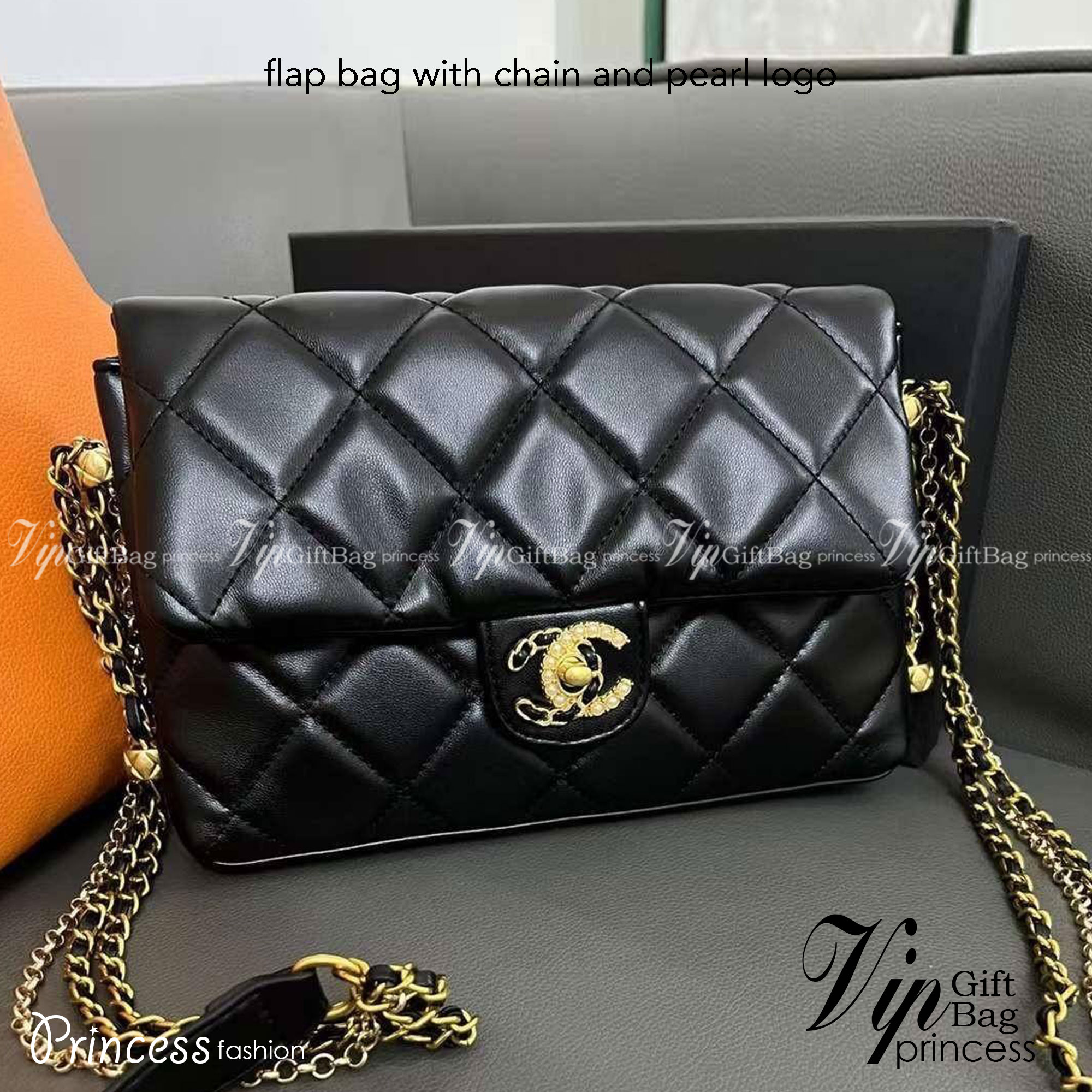 CHANEL flap bag with chain and pearl logo / CHANEL BAG VIP วัสดุหนังแกะสังเคราะห์นุ่ม ลื่น มันเงา อะไหล่ทองหรูหรา