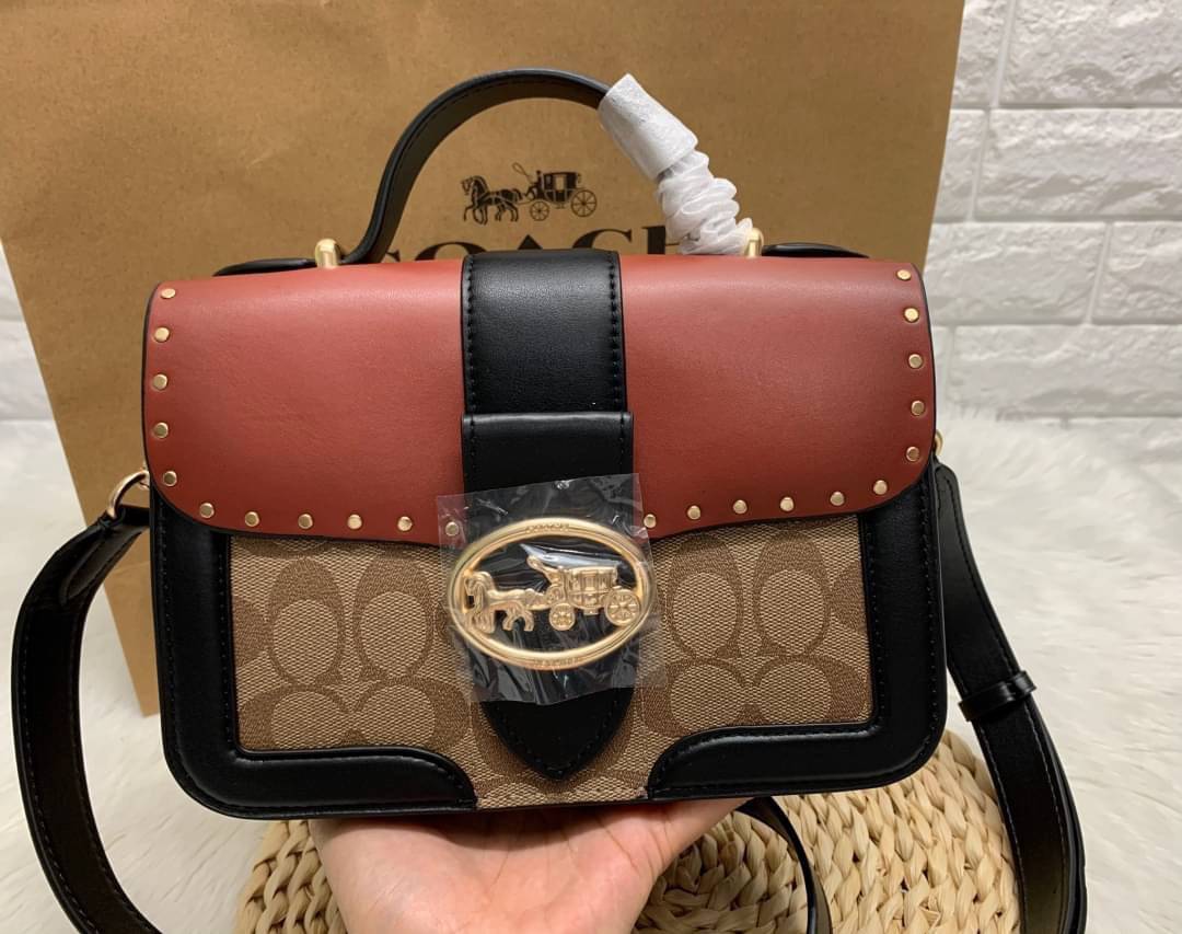 ของแท้ 💯% COACH SMALL GEORGIE TOP HANDLE IN BLOCKED SIGNATURE CANVAS ((6504//0468)) กระเป๋าหิ้ว//สะพายข้างได้ วัสดุหนังแท้