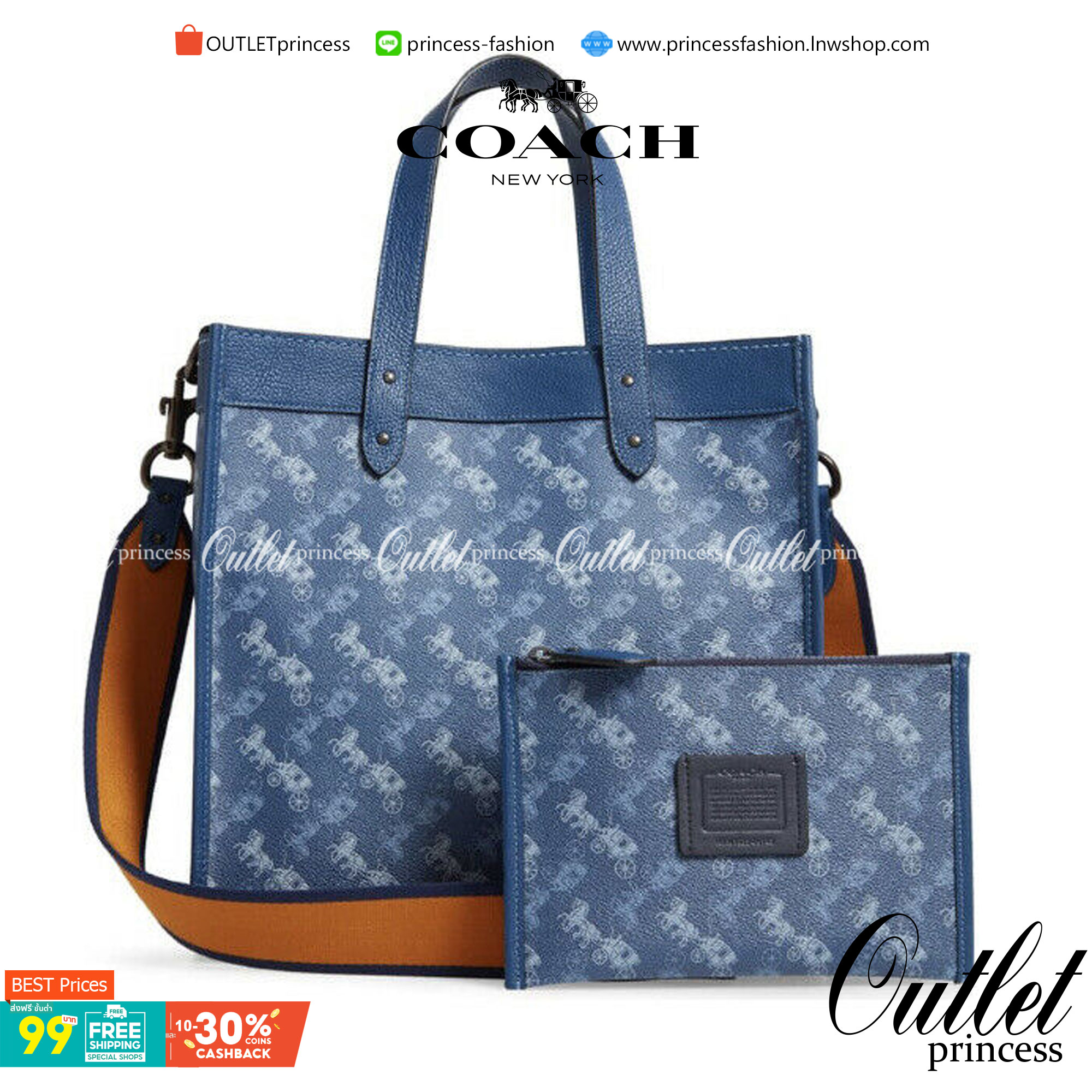 OUTLET 】Coach Field Tote With Horse And Carriage Print พร้อมส่งที่ไทย 89143 Blue True Blue Field Tote