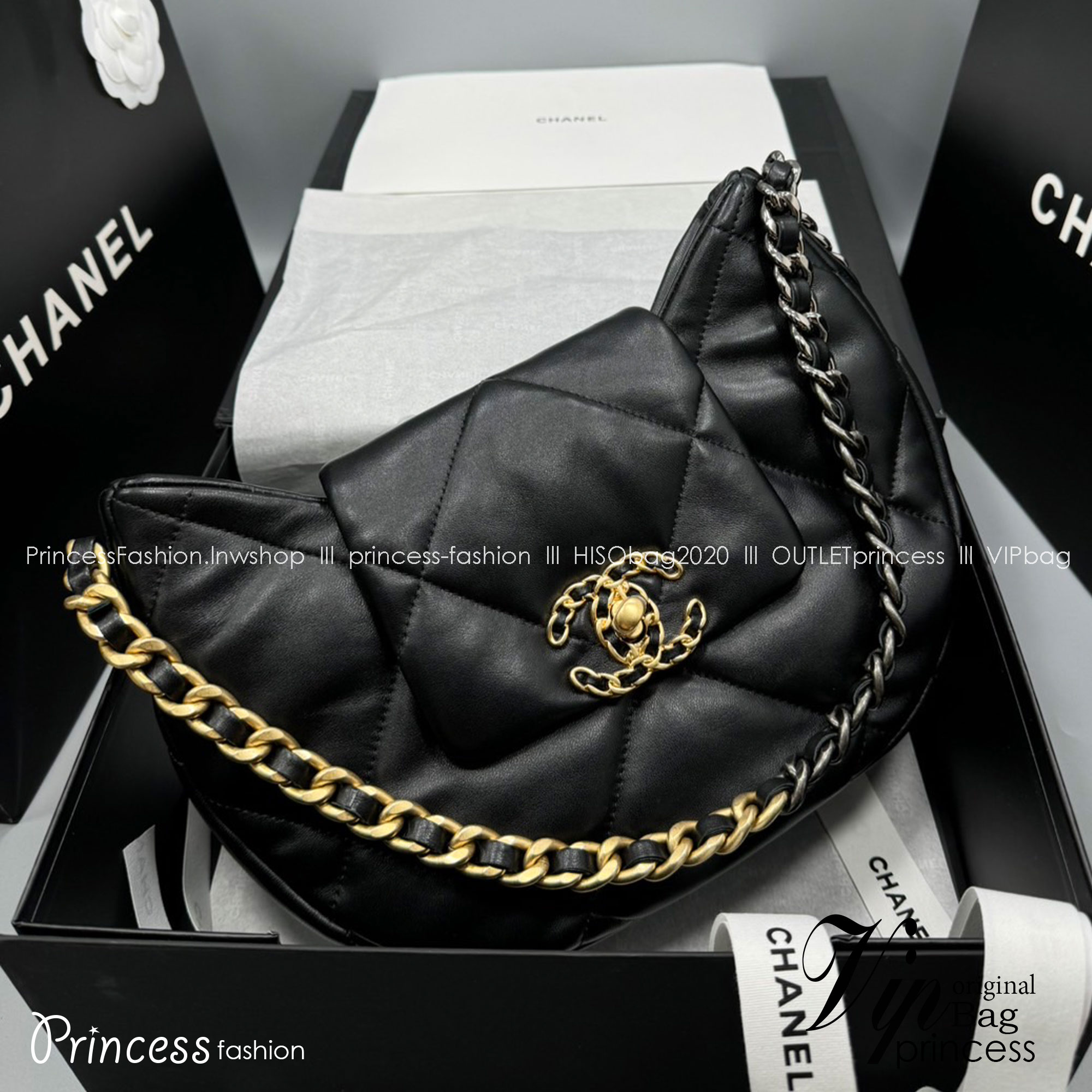 CHANEL 19 Hobo Bag Black Mixed Metal Hardware กระเป๋าสะพายหนังแท้ เกรดออริ ท็อป สลับแท้ 1:1 ผ่านทุก ตม ใช้งานต่างประเทศได้