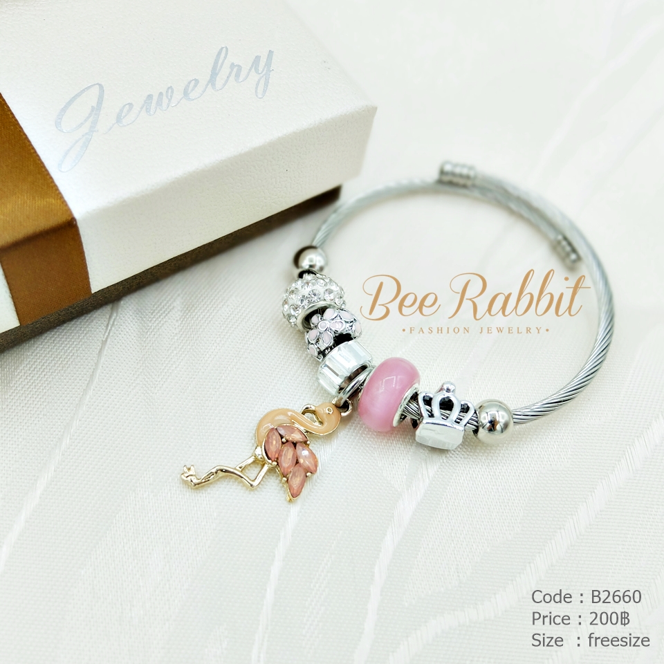 กำไลข้อมือห้อยชาร์มคริสตัล จี้รูปหงส์สีชมพู
