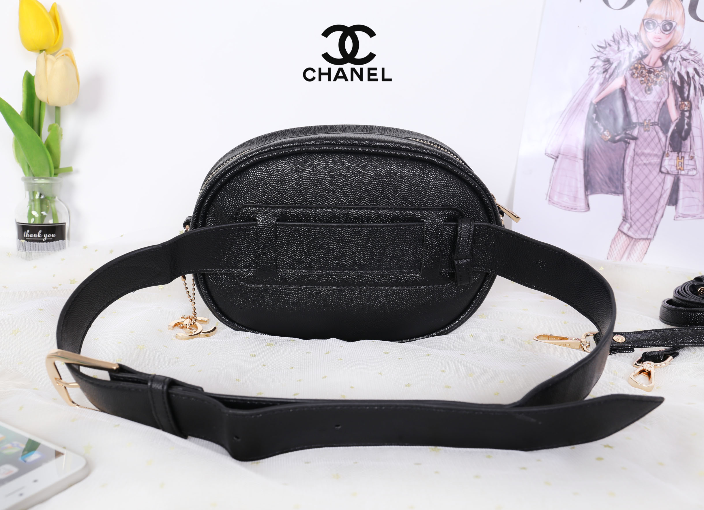 CHANEL waist and crossbody bag with 2 straps / Chanel Belt Bag กระเป๋าสะพาย หรือคาดเอวด้วยเข็มขัด วัสดุทำจากหนังพรีเมี่ยมลายคาเวียร์ทั้งใบด้านหน้ามีโลโก้แบรนด์