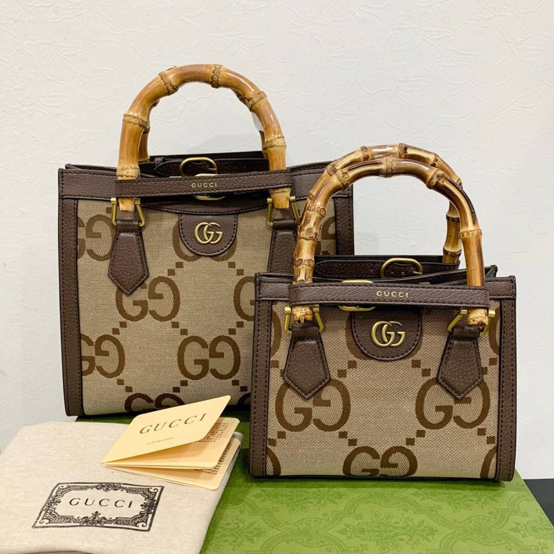หนังแท้ Gucci Diana jumbo GG tote bag (mini/small) พร้อมส่งที่ไทย Brown Camel and ebony jumbo GG canvas ภาพถ่ายจากสินค้าจริง