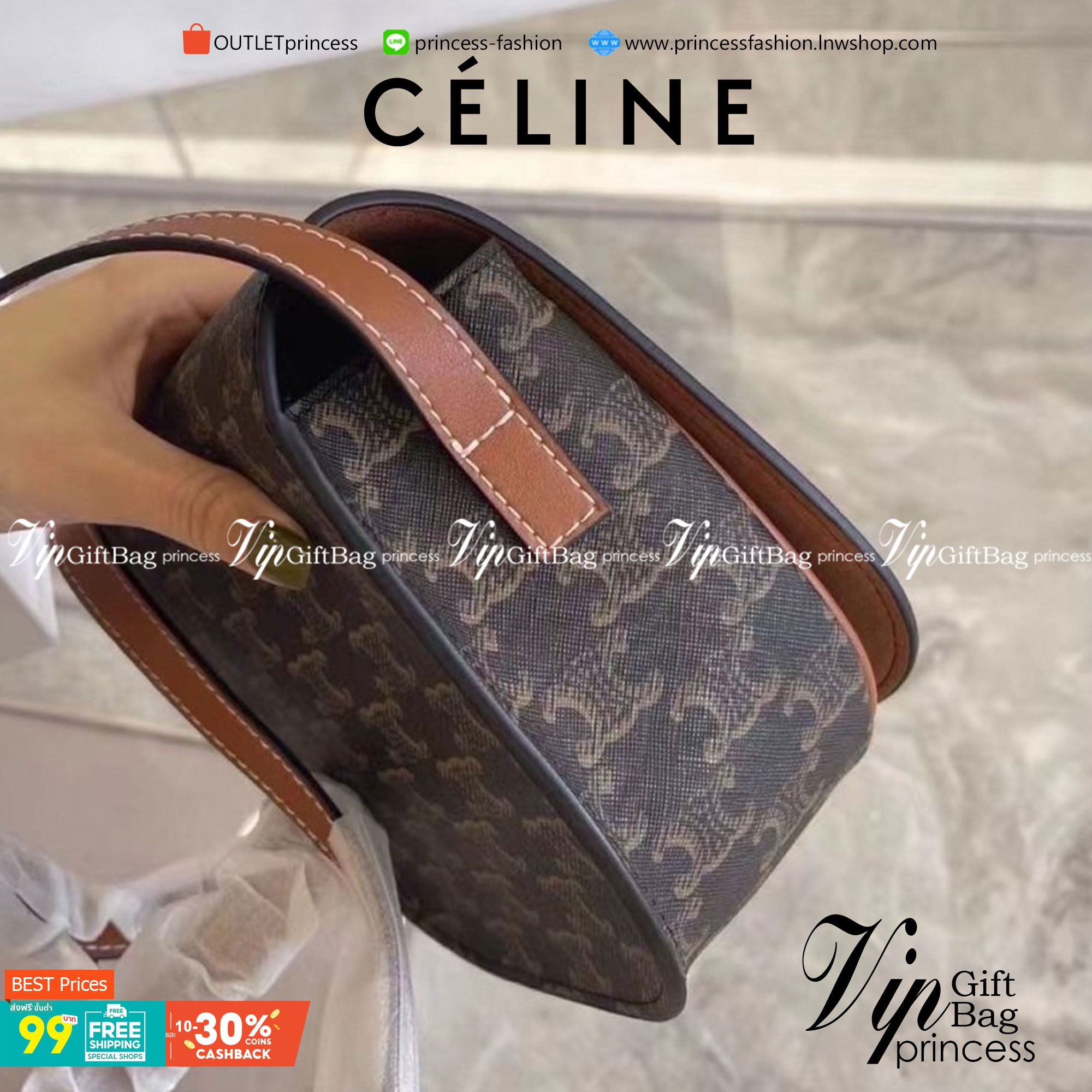 VIP 】CELINE MINI BAG IN TRIOMPHE CANVAS รุ่นโลโก้หน้าใหญ่ พร้อมส่งที่ไทย ราคาสุดคุ้ม หากใครที่กำลังมองหากระเป๋าสะพายข้าง ขนาดกะทัดรัด และเรียบหรู ต้องใบนี้เลยค่ะ เป็นกระเป๋าเปิดปิดแบบแบบฝาผับที่มีรูปทรงโค้งและที่ล็อกรูปทรงคล้ายเข็มขัด อีกทั้งยังสะท้อนความ