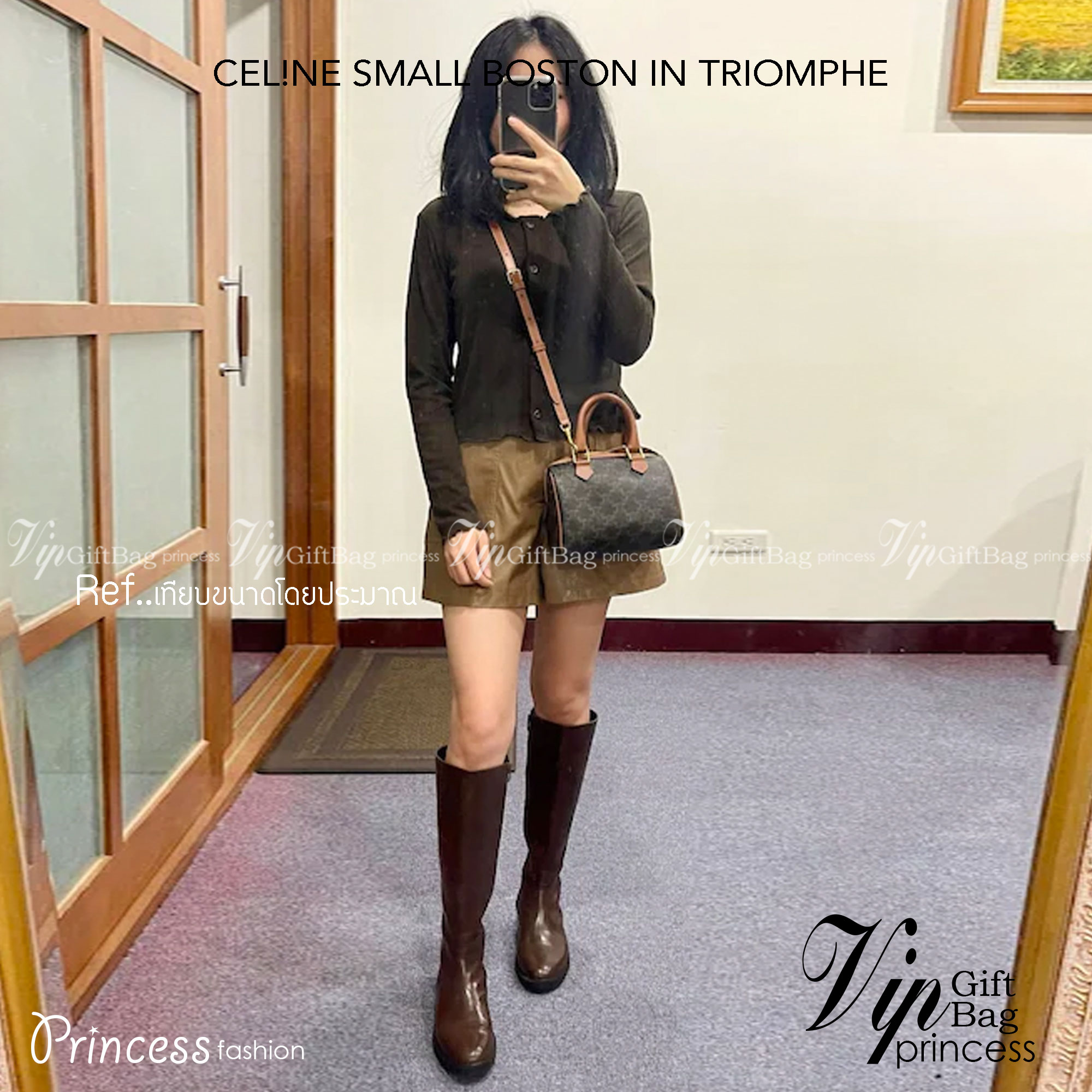 CELINE MINI BOSTON IN TRIOMPHE CANVAS / CELINE MINI CROSSBODY BAG VIP วัสดุแคนวาสหนังสวยอยู่ทรง ดีไซน์ยอดนิยมทรง Speedy ประดับสร้อย สายโซ่สีทองหรูเปิดปิดด้วยซิปคู่แบรนด์