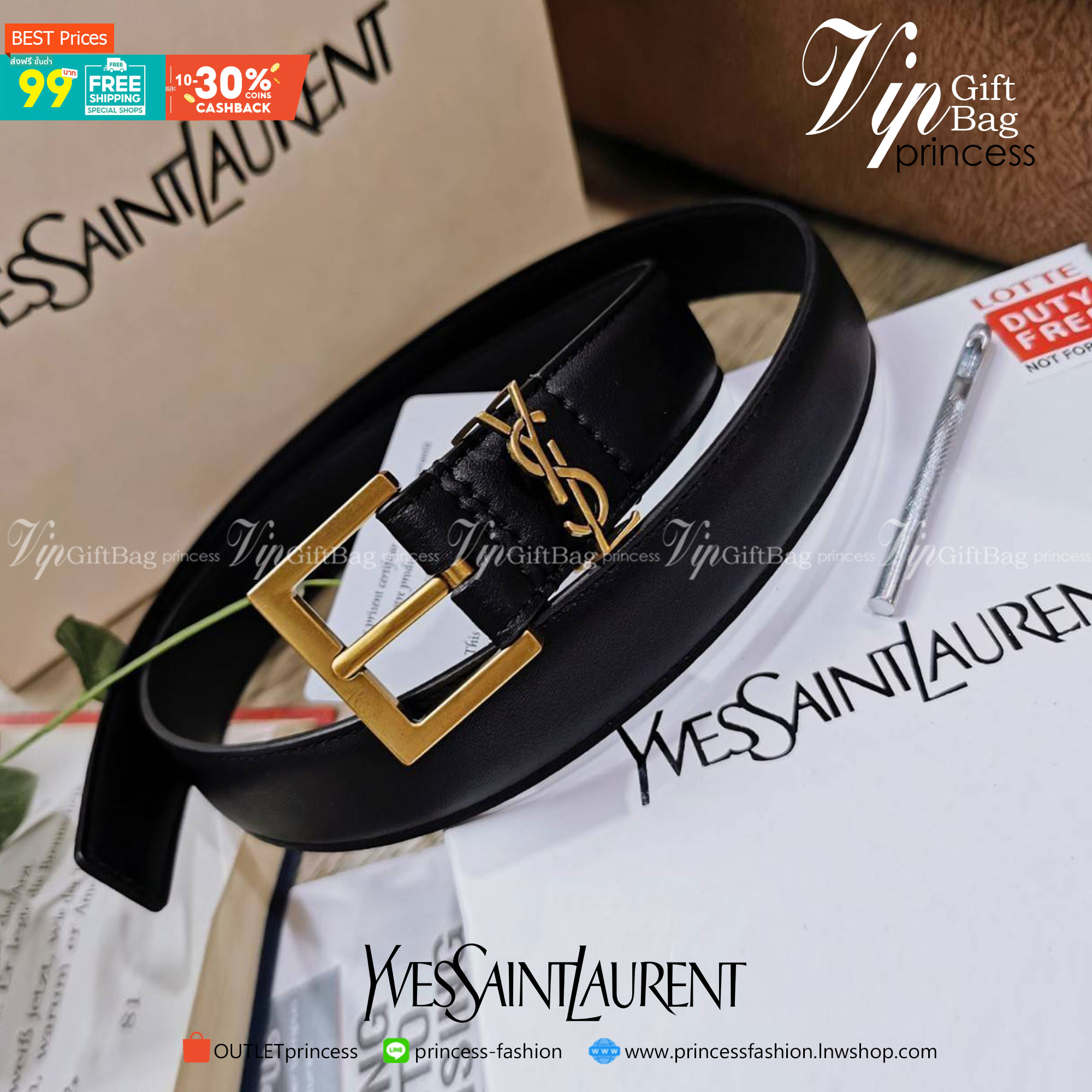 พรีเมี่ยมกิ๊ฟแท้ 100% 】YSL YVES SAINT LAURENT 3D LOGO Leather Belt VIP Gift With Purchase (GWP) เข็มขัดหนังแท้ดีไซน์สวยสุดคลาสสิคพรีเมี่ยมกิ๊ฟ Limited Edition จาก YSL YVES SAINT LAURENT DutyFree โดดเด่นที่หัวเข็มขัด3Dโลโก้แบรนด์สีทองสายเข็มขัดหนังแท้