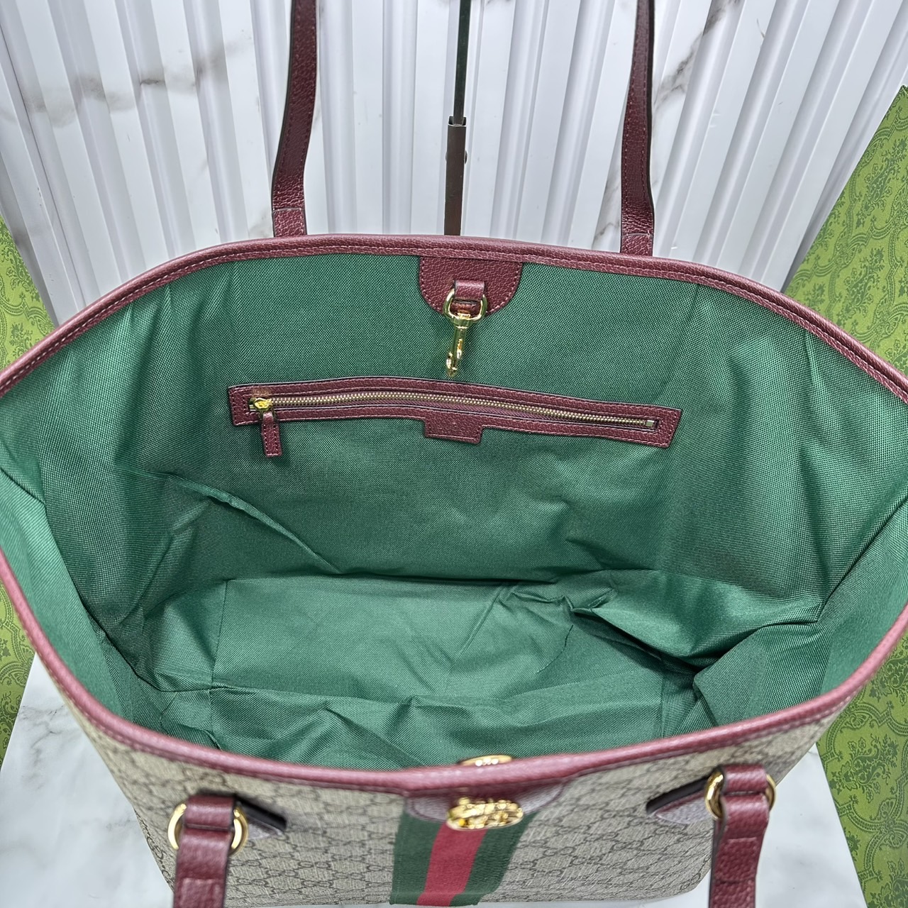 ORI หนังแท้ | Gucci Ophidia medium tote bag GG Monogram Double G / Gucci Tote Bag กระเป๋าสะพายทรงโท้ทใบใหญ่ ภายในโล่งกว้างจุของได้เยอะ