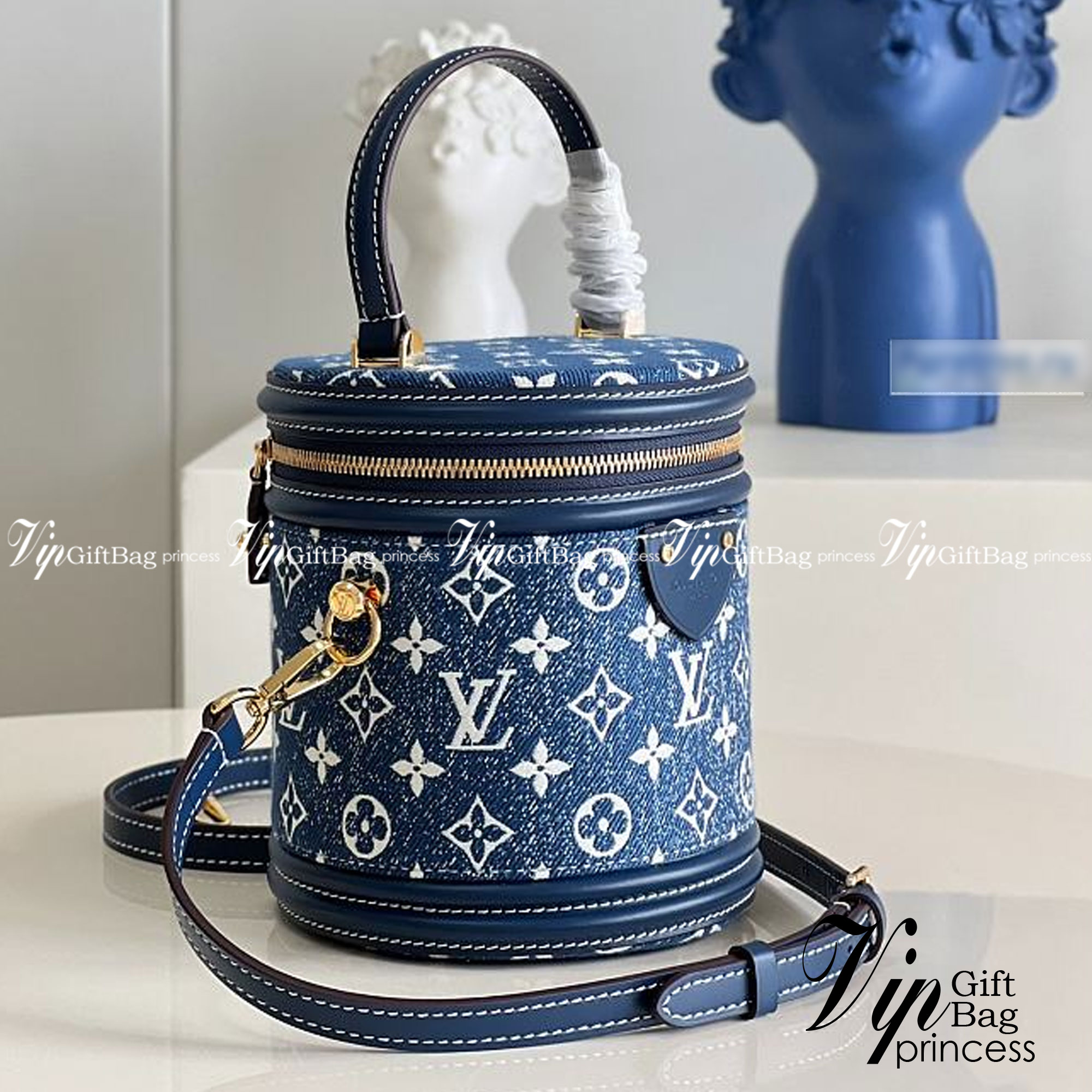 LV Cannes Navy Blue Denim Jacquard / LV Bucket Bag เกรดใช้งานสลับใบจริงได้ เทพออริจินอล เนื้องานสวยงาม หนังแท้ ภาพสินค้าถ่ายจากงานขายจริงใช้งานต่างประเทศได้