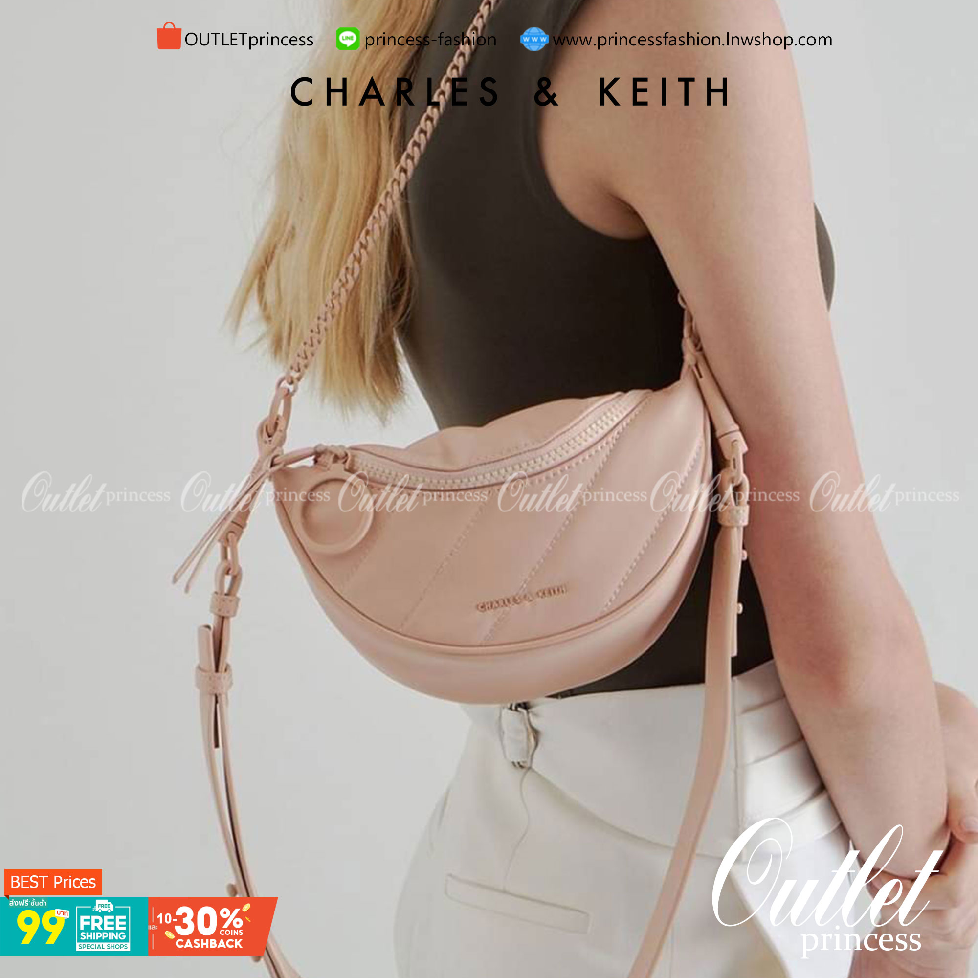 Charles & Keith Half Moon Crossbody Bag กระเป๋าคาดอก/ถือ/สะพาย สวยครบจบได้ในใบเดียว ใช้งานได้หลากหลาย เก๋มากๆ ด้านหน้าปั๊มโลโก้แบรนด์ เปิดปิดแบบซิปคู่ ด้านในจุของได้พอสมควรเลย มีช่องใส่การ์ด 3 ช่อง สามารถใส่ IPhone pro max /ของจุกจิกได้อีก รุ่นนี้จะมีสายส