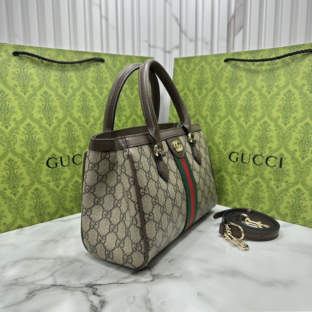 ORI หนังแท้ | Gucci Ophidia small tote bag Monogram Double G / Gucci Tote Bag กระเป๋าสะพายทรงโท้ทใบเล็ก คอลเล็กชั่น Ophidia ไฮไลท์รูปทรงและฟังก์ชั่นการใช้งานที่ได้รับการตีความใหม่