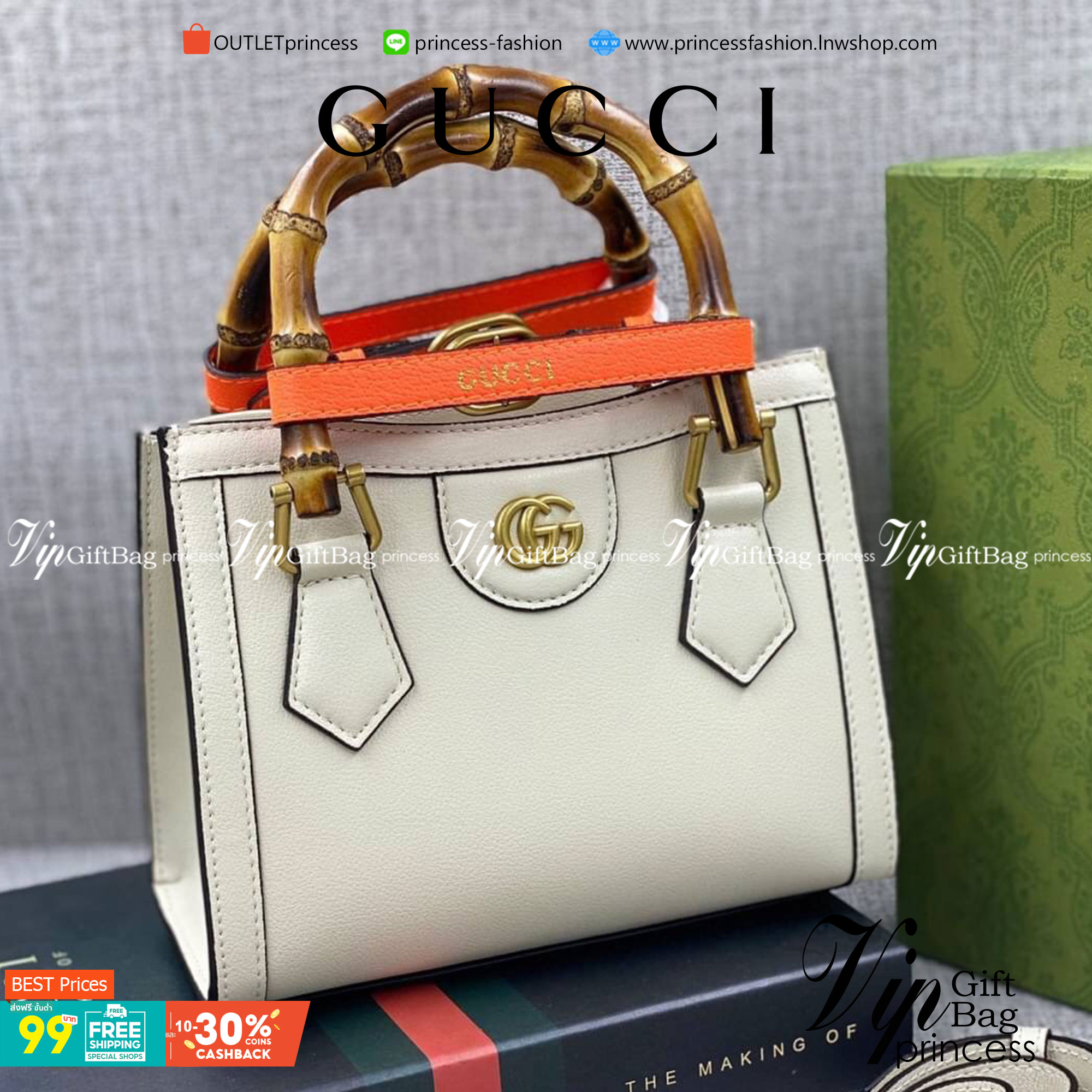 VIP GIFT 】หนังแท้ GUCCI Diana mini tote bag กระเป๋างานหูไม้ไผ่สุดคลาสสิก ดีไซน์มาใหม่พร้อมเข็ดขัดหนังสีสะท้อนแสงประดับตรงหูกระเป๋า ขนาดมินิกำลังน่ารักเลยค่ะ วัสดุหนังแท้ อะไหล่ทอง งานสวยตั้งอยู่ทรง มีสายสะพายยาว 1เส้น สามารถปรับระดับได้-ถอดได้ งานเก๋ไก๋ที