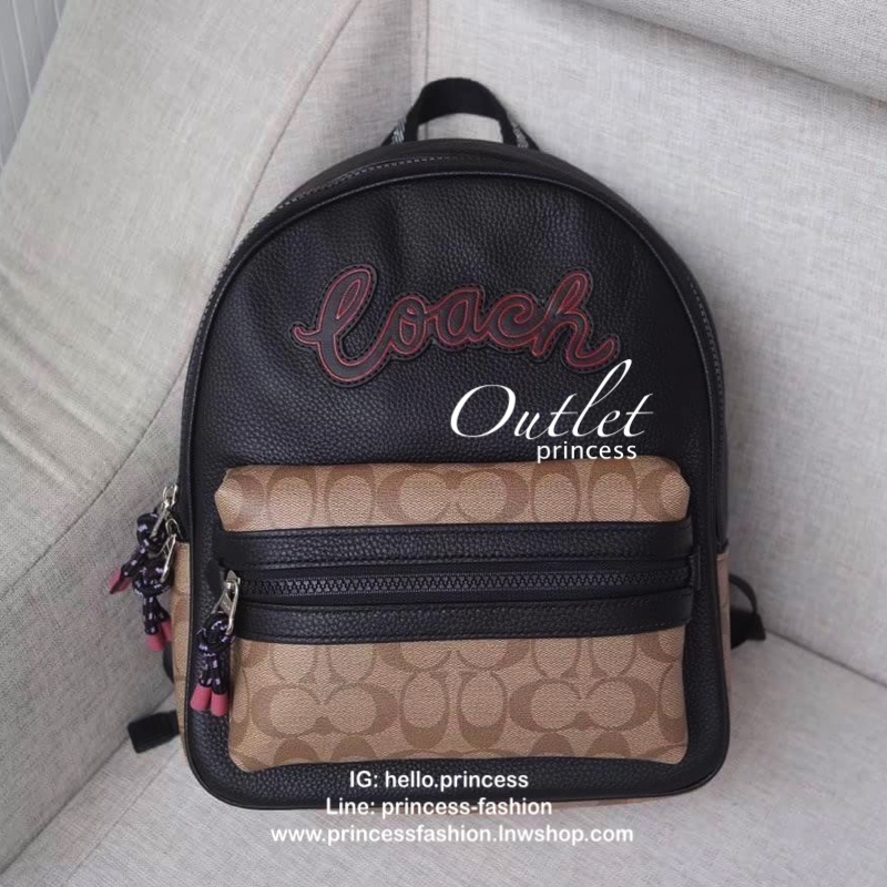 COACH VALE BACKPACK WITH SIGNATURE CANVAS DETAIL (COACH F76747) KHAKI BLACK MULTI/SILVER Refined pebble leather and Signature coated canvas| Inside zip pocket| Zip closure, fabric lining| Top