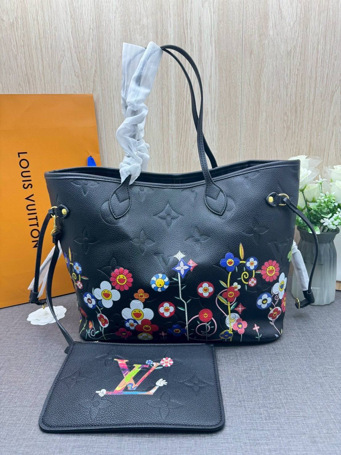 ORI หนังแท้ | LV x TM Neverfull MM Monogram Flower motifs colorful Black / LV Tote Bag กระเป๋าสะพายทรงโท้ทใบใหญ่ ลายดอกไม้หลากสีสดใส