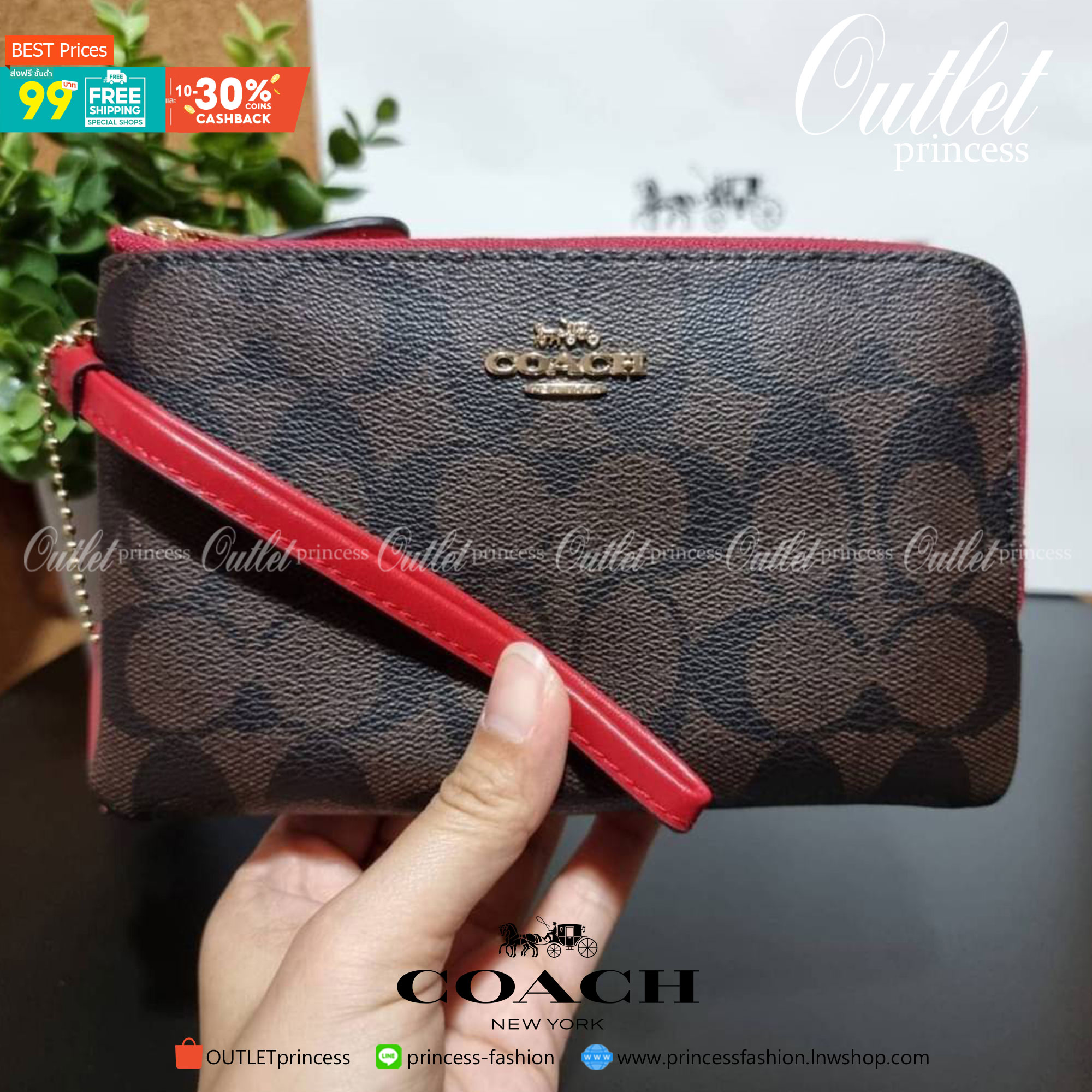 COACH F87591 DOUBLE CORNER ZIP WALLET IN SIGNATURE COATED CANVAS คล้องมือรุ่น 2 ซิป!! มาแล้วจ้า 🌟🤗 ไซส์นี้คือเหมาะมือจริงๆ พกง่ายเช่นเคย ไม่ต้องกังวลว่าจะเกะกะหรือกินพื้นที่กระเป๋าหลัก วัสดุหนังแคนวาสเคลือบลาย มีช่องหลักแยก 2 ช่อง ภายในบุผ