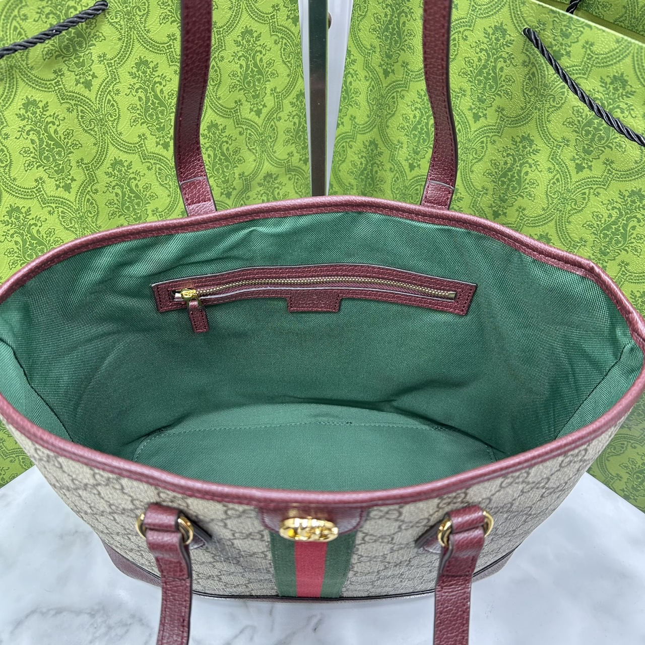 ORI หนังแท้ | Gucci Ophidia medium tote bag GG Monogram Double G / Gucci Tote Bag กระเป๋าสะพายทรงโท้ทใบใหญ่ ภายในโล่งกว้างจุของได้เยอะ