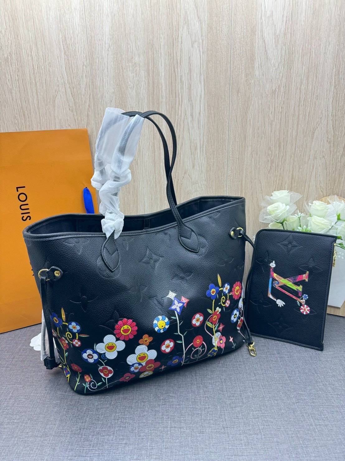 ORI หนังแท้ | LV x TM Neverfull MM Monogram Flower motifs colorful Black / LV Tote Bag กระเป๋าสะพายทรงโท้ทใบใหญ่ ลายดอกไม้หลากสีสดใส