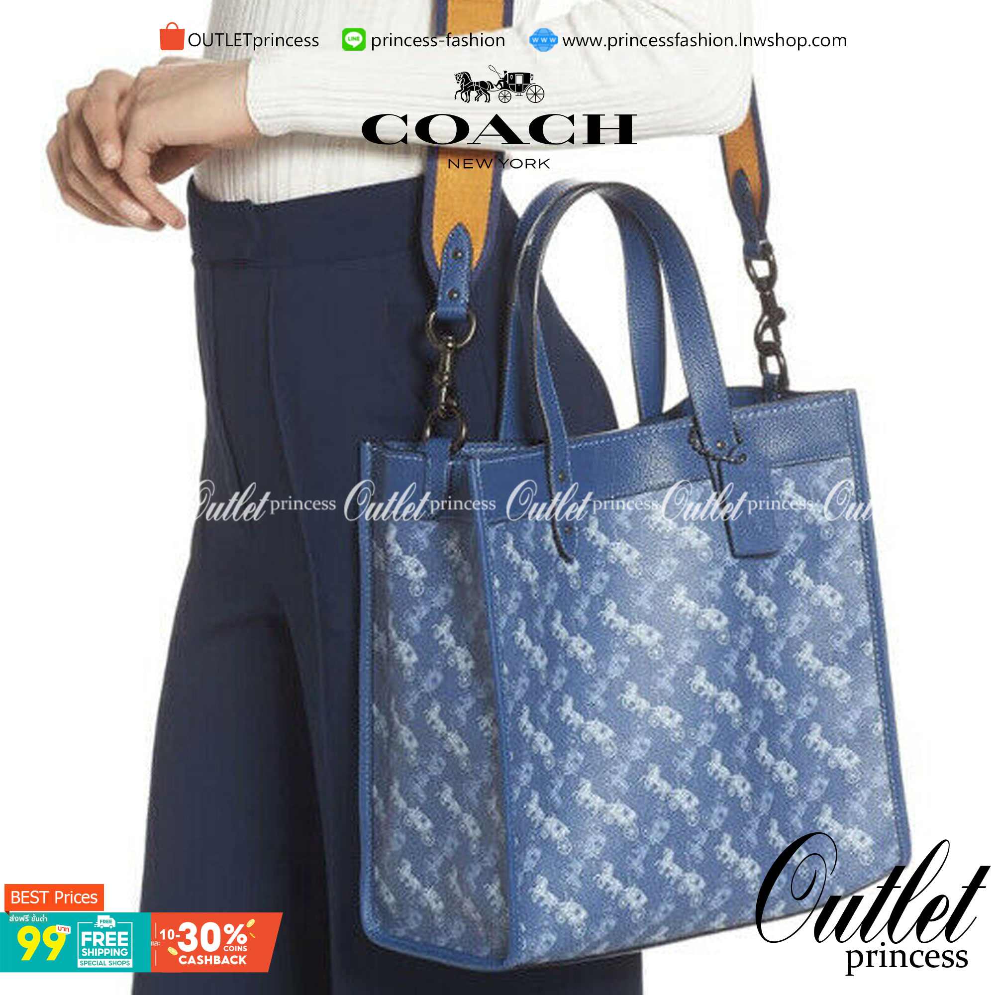 OUTLET 】Coach Field Tote With Horse And Carriage Print พร้อมส่งที่ไทย 89143 Blue True Blue Field Tote