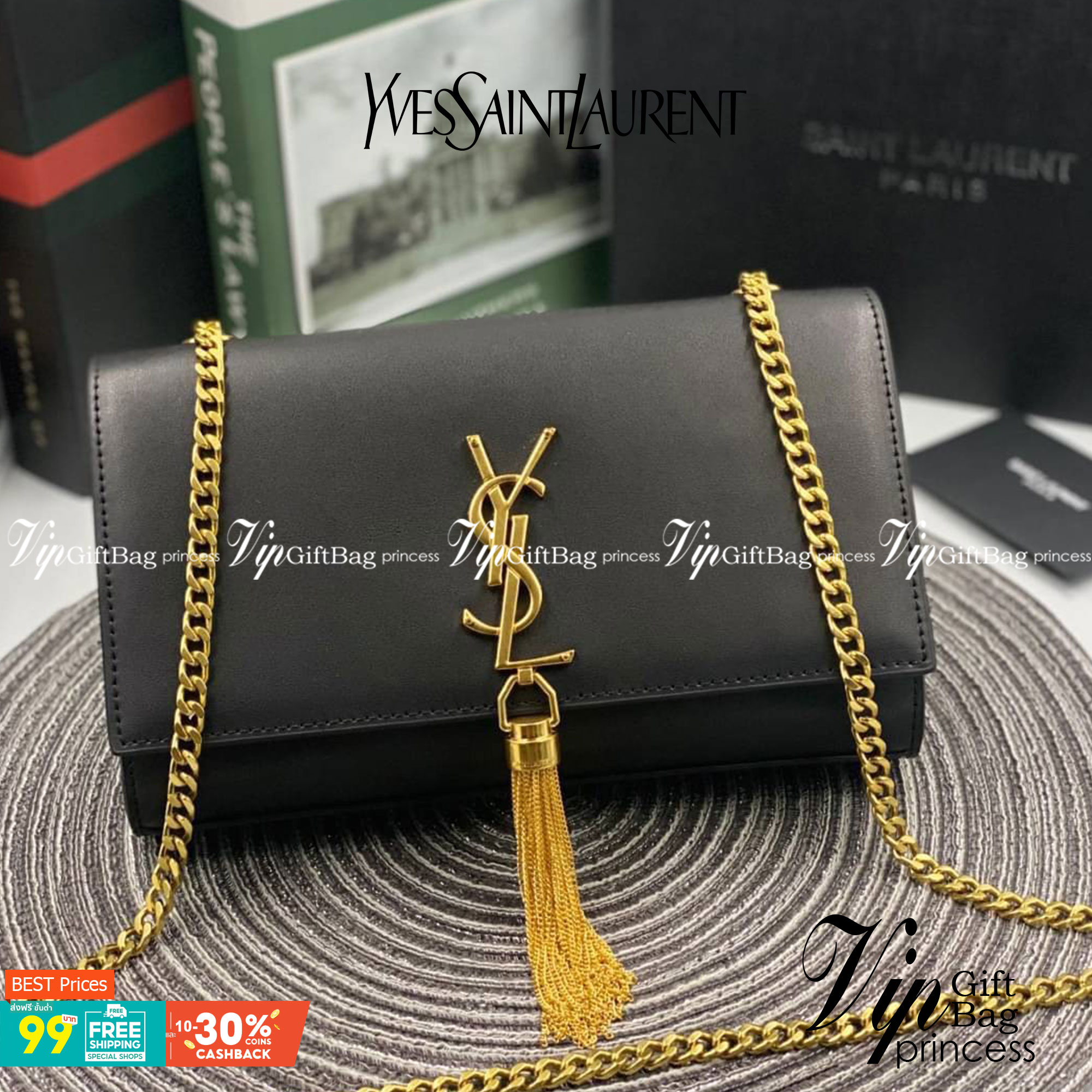VIP 】หนังแท้ YSL Saint Laurent Monogram Kate Leather Shoulder Bag พร้อมส่งที่ไทย!! รุ่นหนังเรียบ อะไหล่ทอง