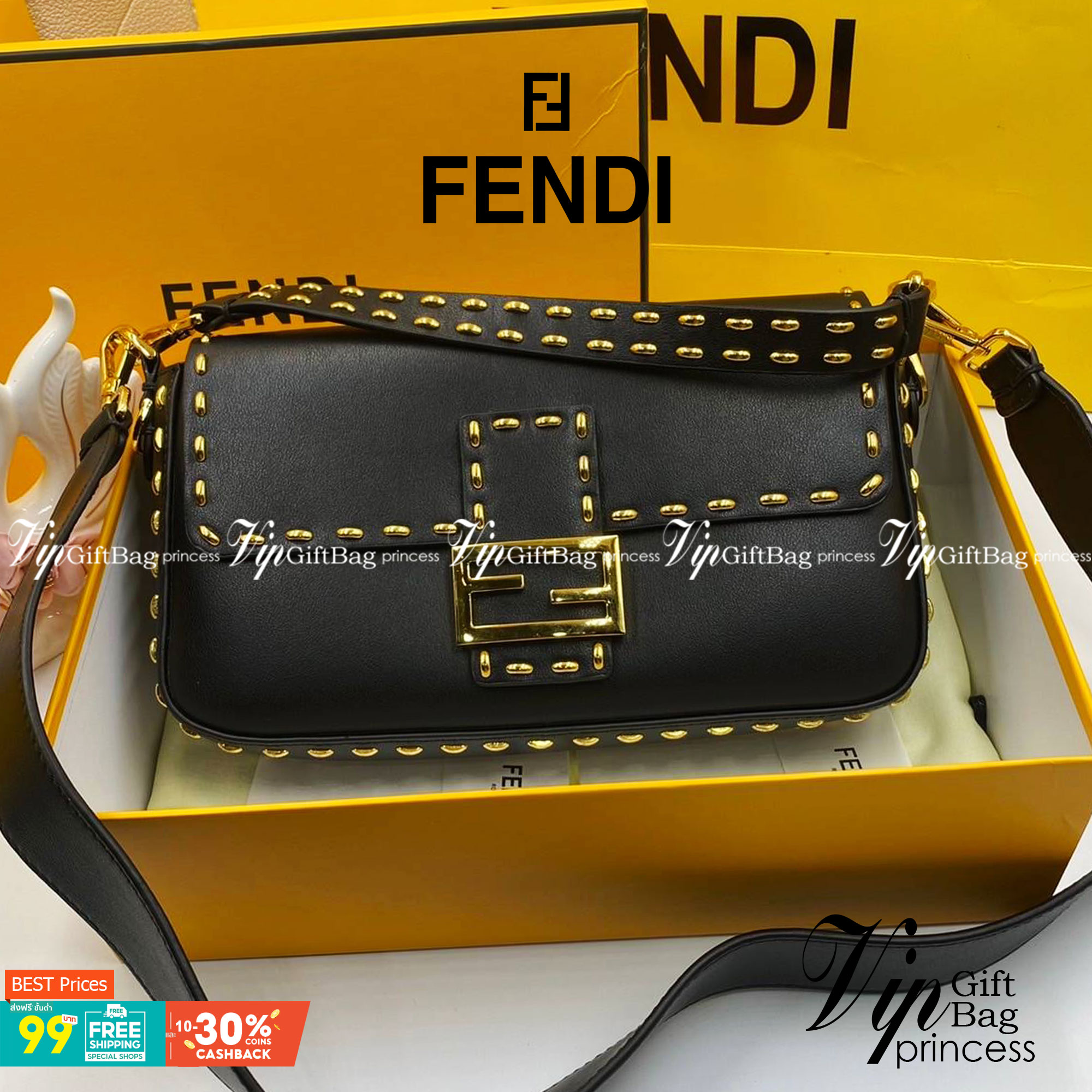 หนังแท้ Fendi Baguette full grain leather bag