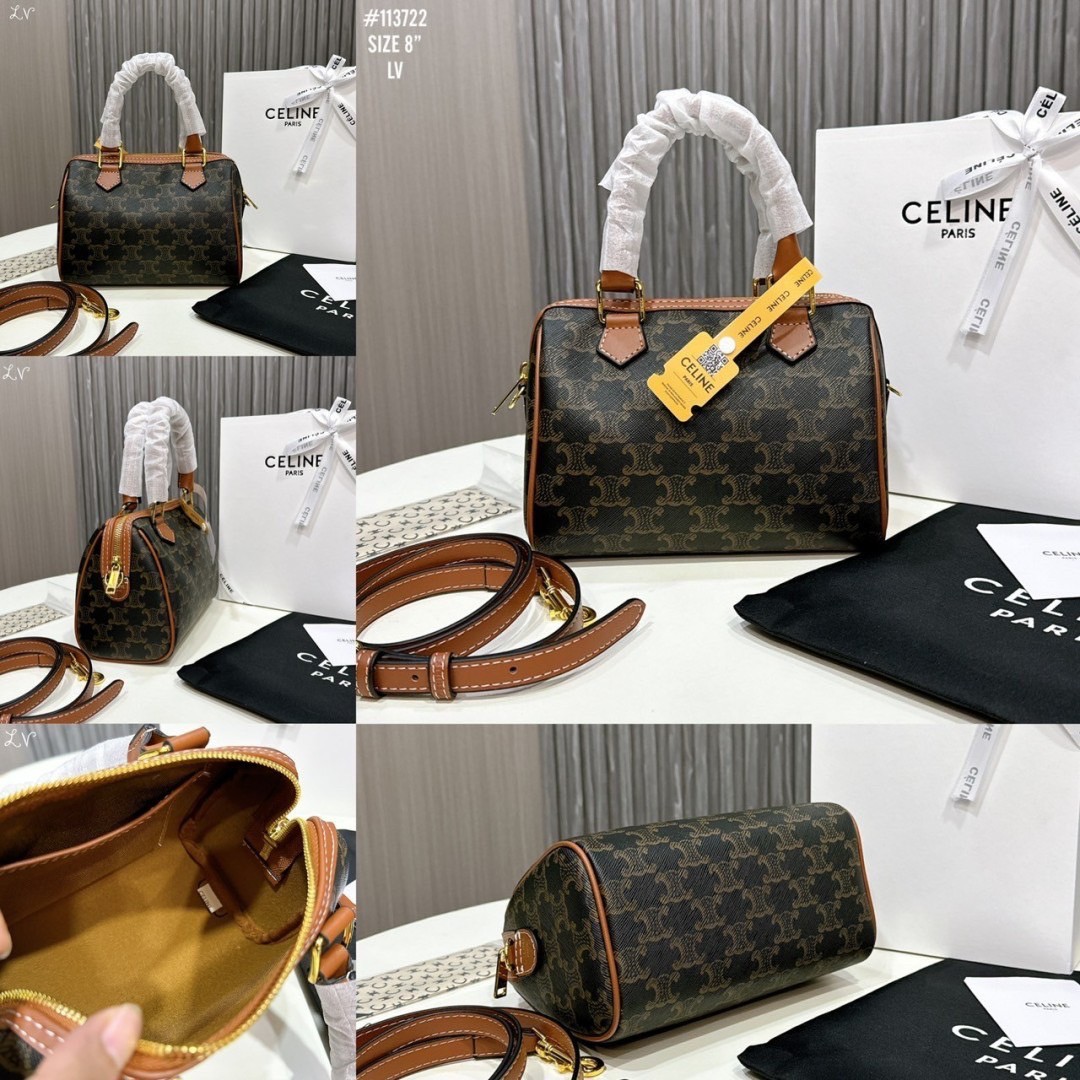 CELINE Small BOSTON bag in Triomphe canvas and Leather กระเป๋าสะพายทรงบอสตันสุดคลาสสิค ฮิตสุดๆในเกาหลี ไอเท็มแนะนำ! ไซส์เล็กน่ารัก ใช้ได้ทั้งหนุ่มๆและสาวๆ