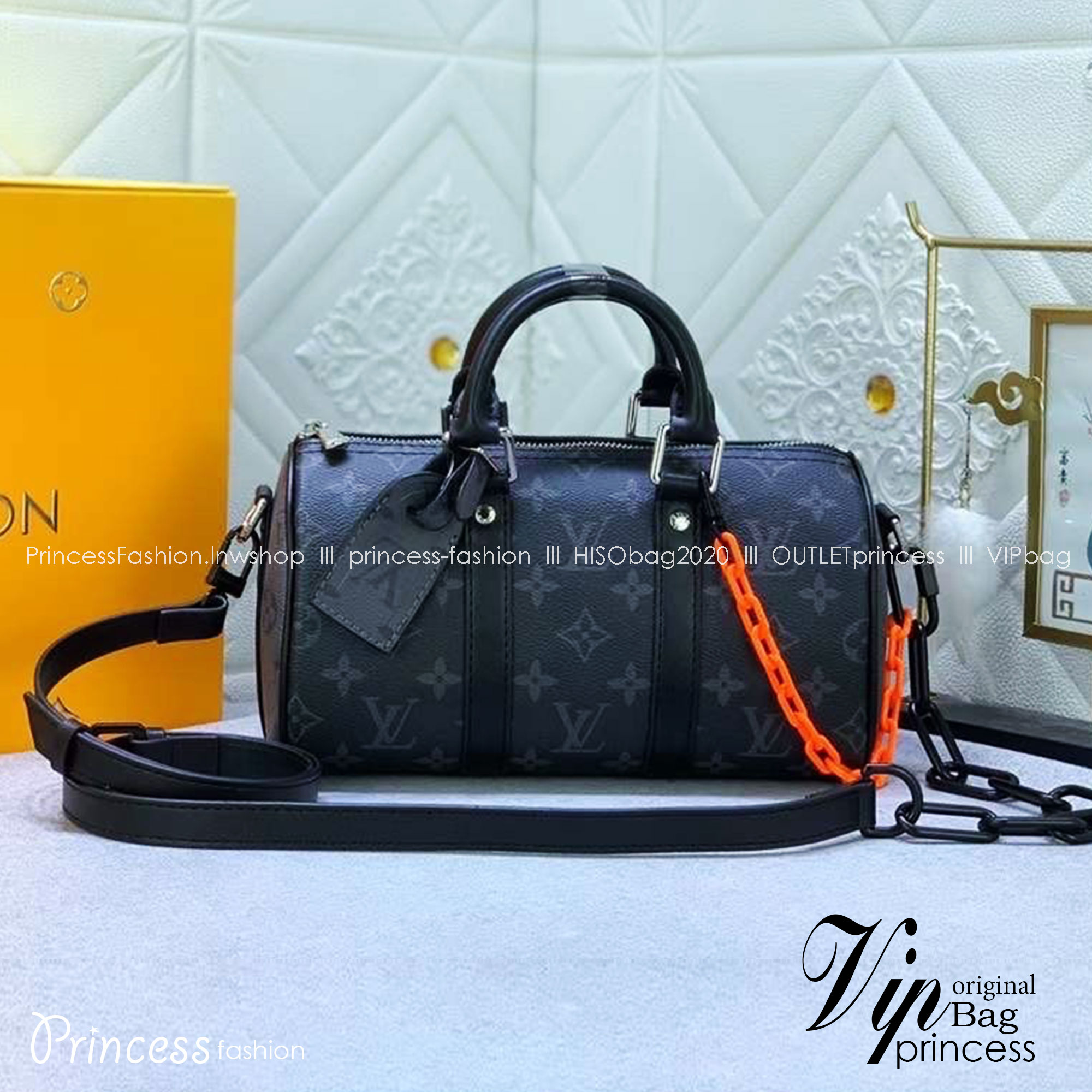 LV Keepall Bandouliere 25 Monogram Eclipse Canvas กระเป๋าสะพายใบเล็กสีดำคลาสสิก เกรดออริ 1:1 ใช้งานต่างประเทศได้