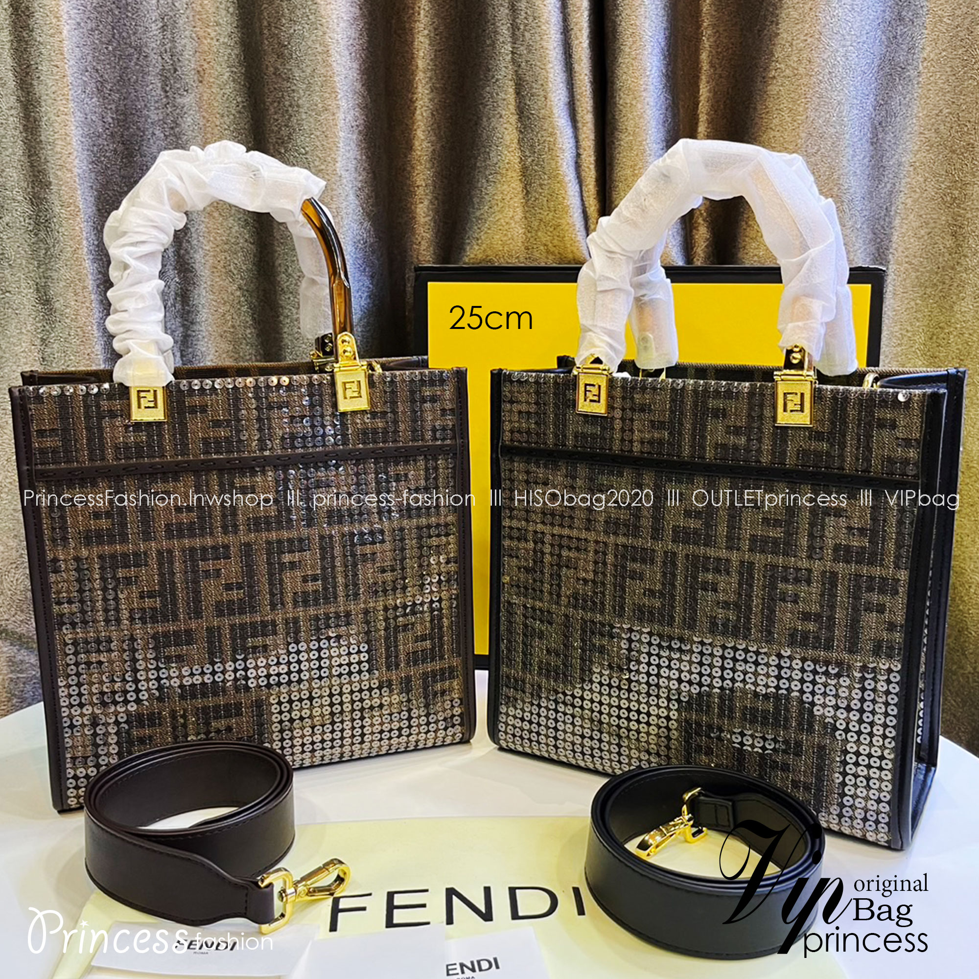 FENDI Sunshine jacquard FF sequins shopper / Fendi Tote bag 25cm พร้อมส่ง กระเป๋าสะพายทรงโท้ท ปักเลื่อมแวววาว รุ่นใหม่ สวยหรู **สินค้าเกรดออริจินอล 1:1 สลับแท้