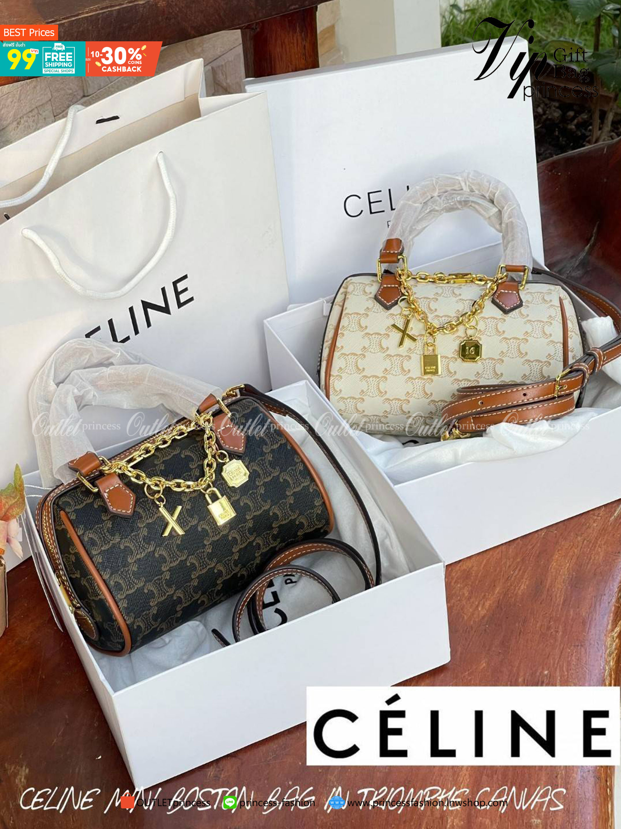 CELINE MINI BOSTON BAG IN TRIOMPHE CANVAS กระเป๋าทรงหมอนขนาดกะทัดรัด เป็นทรงฉิตตบอดกาลไม่มีเอ้าท์ ถือหรือสะพายได้อย่างคล่องตัว ภายในสามารถบรรจุสิ่งของที่จำเป็น สิ่งที่โดดเด่นของกระเป๋าหนังลาย Triomphe ที่ได้รับความนิยมอย่างแพร่หลาย มีอะไหล่ทองประดับเพิ่มม