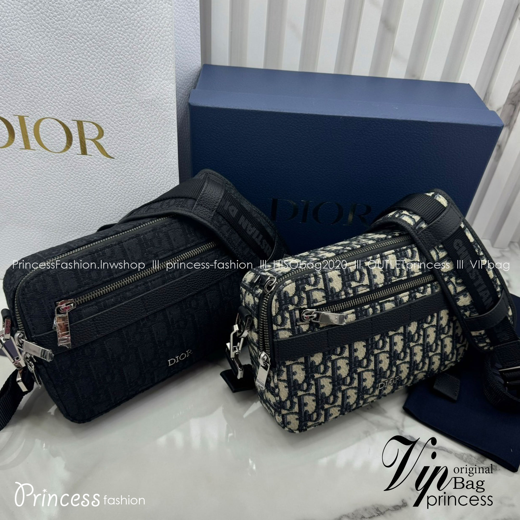 DIOR Medium Safari Bag with Strap / The hallmark Safari bag / Black Blue Oblique Jacquard / DIOR Messenger Bag กระเป๋าสะพายทรงแมสเซ็นเจอร์เอกลักษณ์ของแบรนด์แห่งตำนานความหรู