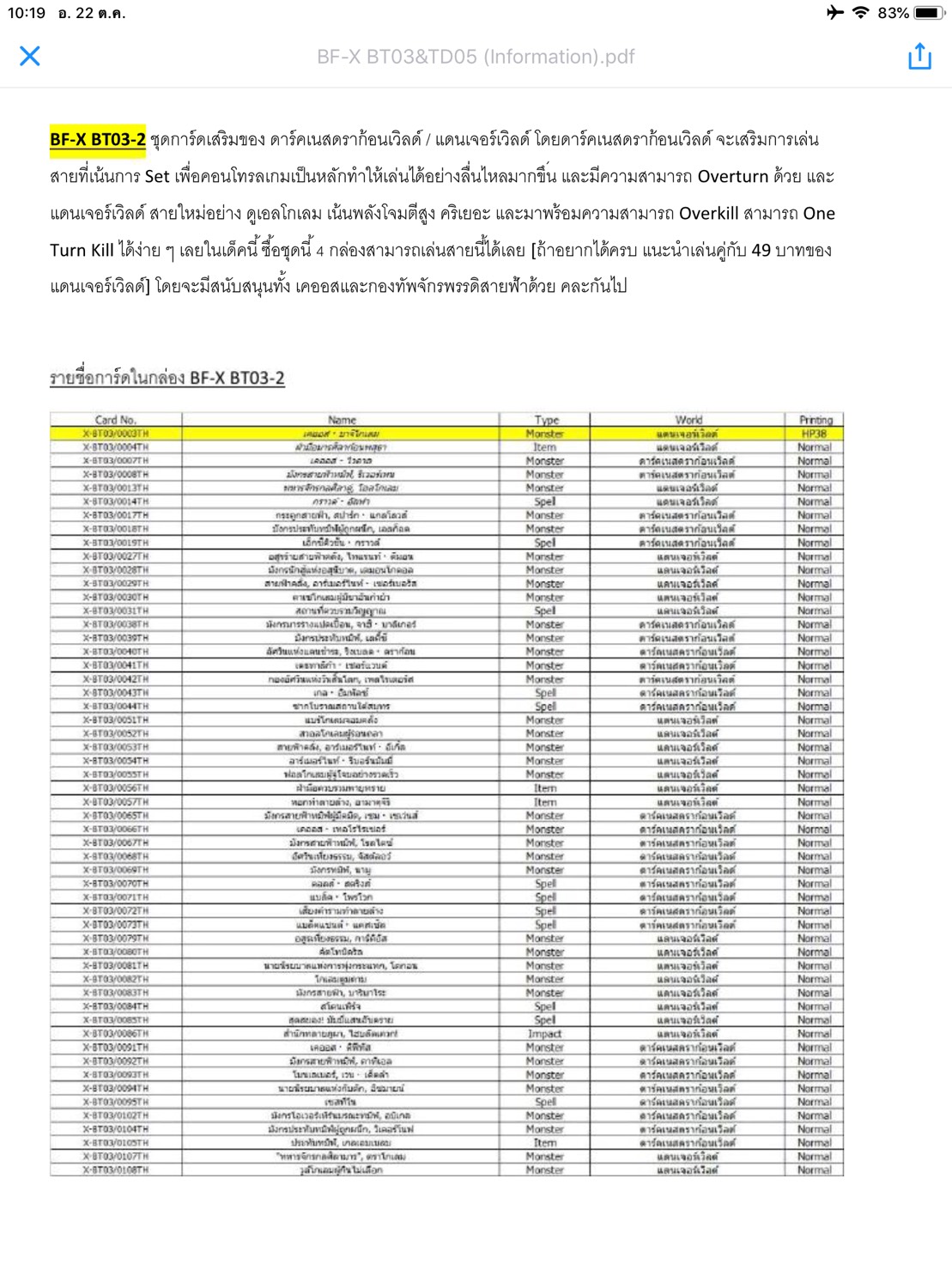 สินค้าสั่งจอง เริ่มส่ง19 ธันวา x-bt03 overturn Thunder empire แบบกล่องและ แยกชุด และการ์ดซีเครท