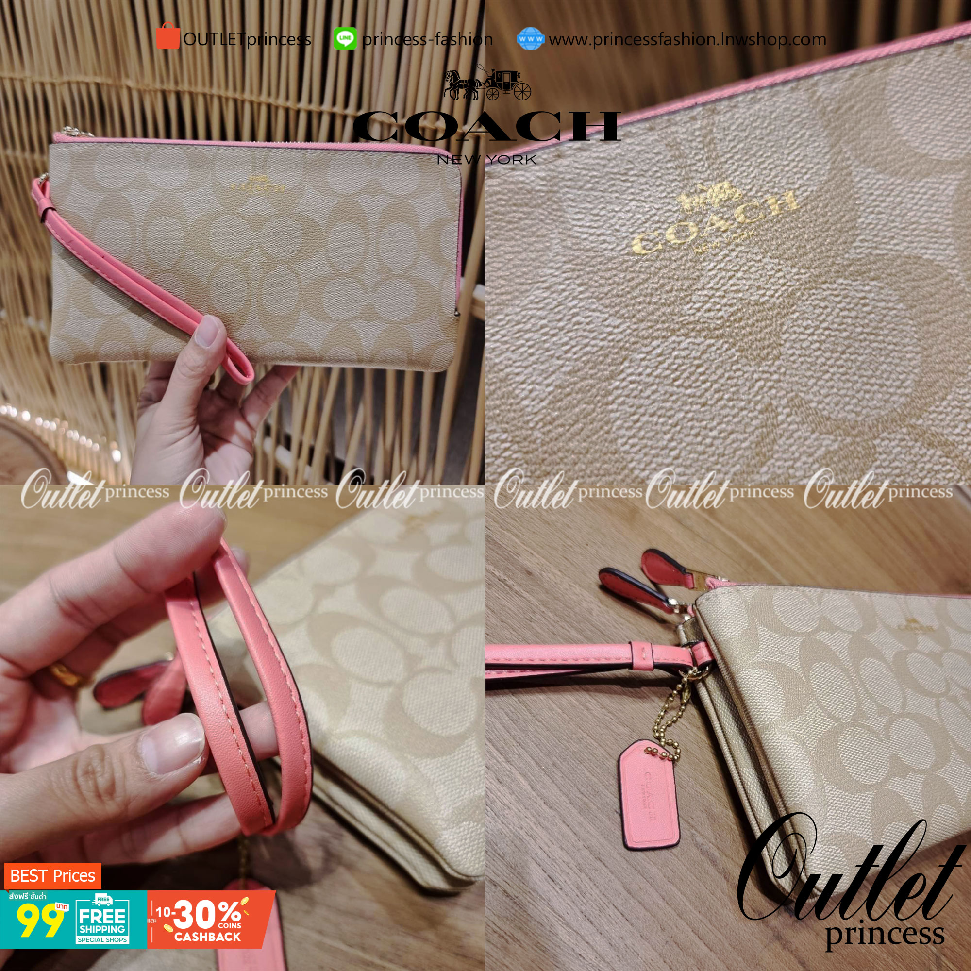 COACH F54057 DOUBLE ZIP WALLET IN SIGNATURE กระเป๋าคล้องมือ size L ใบนี้ใส่มือถือได้ทุกรุ่น ขนาดกำลังดี พกพาสะดวกมากๆ วัสดุหนังสังเคราะห์ ภายในเป็นผ้าสีสวยคม ใส่ธนบัตร ใส่บัตรได้เยอะ ใส่มือถือได้สบายๆทุกรุ่น ตอบโจทย์สาวๆที่ไม่ชอบพกเยอะวุ่นวายจ้า ใบนี้เอาอ