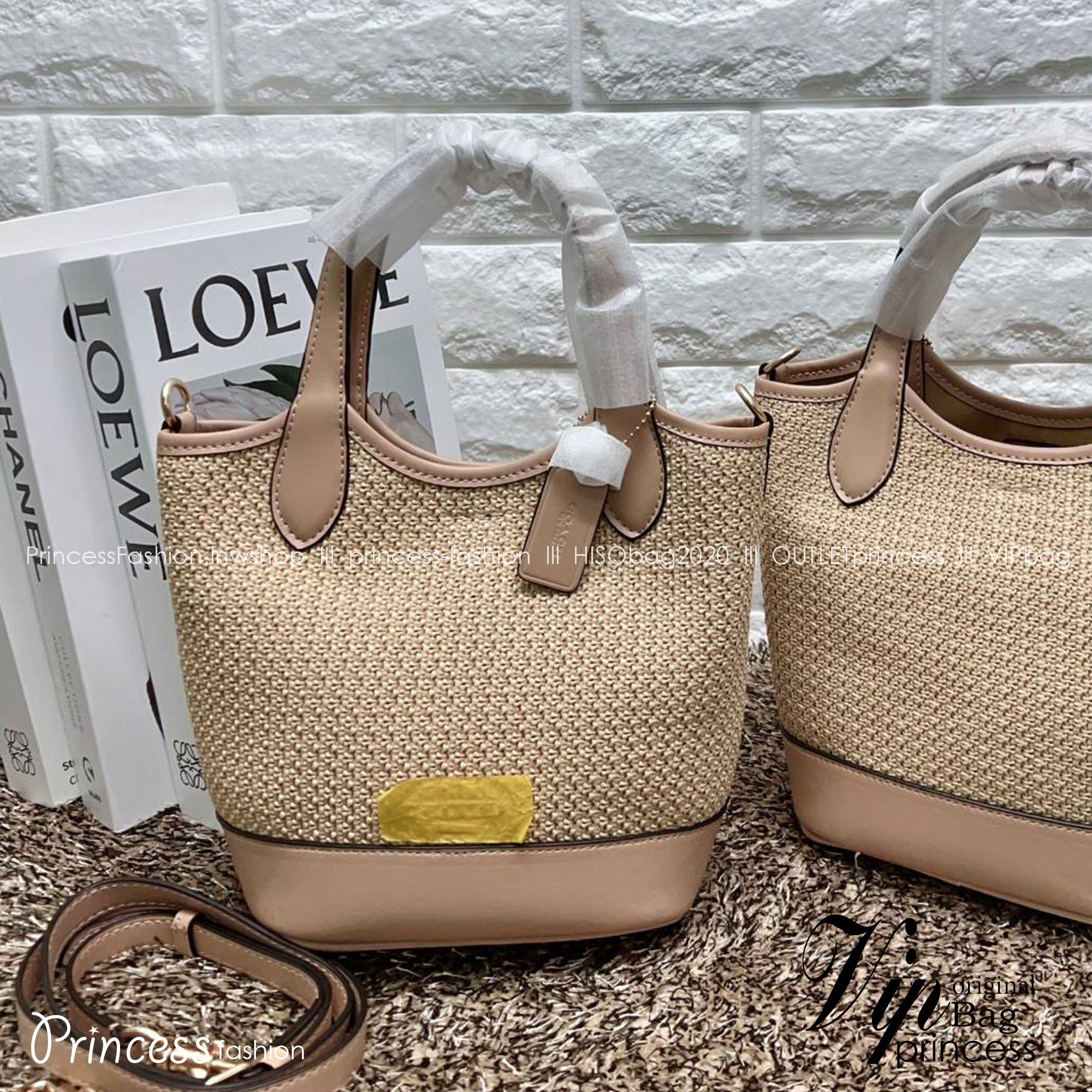 Coach Hanna Bucket Bag In Straw And Smooth Leather 7" กระเป๋าทรงถังงานทอน้ำหนักเบา จุของได้เยอะ เกรดท็อปออริ เกรดดีสุด สลับแท้ 1:1 ใช้ต่างประเทศได้