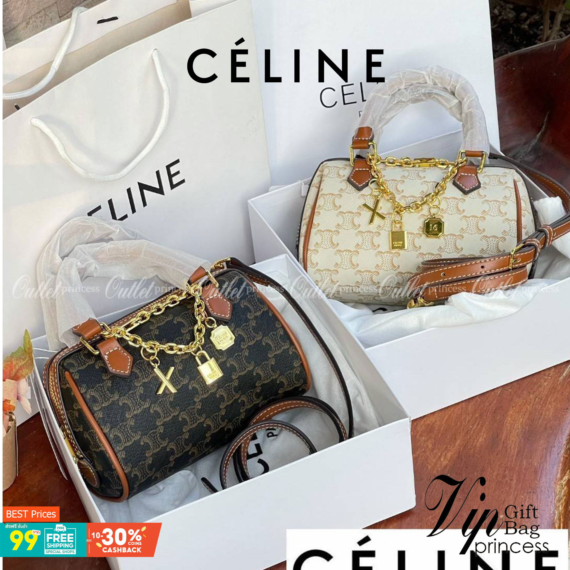 CELINE MINI BOSTON BAG IN TRIOMPHE CANVAS กระเป๋าทรงหมอนขนาดกะทัดรัด เป็นทรงฉิตตบอดกาลไม่มีเอ้าท์ ถือหรือสะพายได้อย่างคล่องตัว ภายในสามารถบรรจุสิ่งของที่จำเป็น สิ่งที่โดดเด่นของกระเป๋าหนังลาย Triomphe ที่ได้รับความนิยมอย่างแพร่หลาย มีอะไหล่ทองประดับเพิ่มม