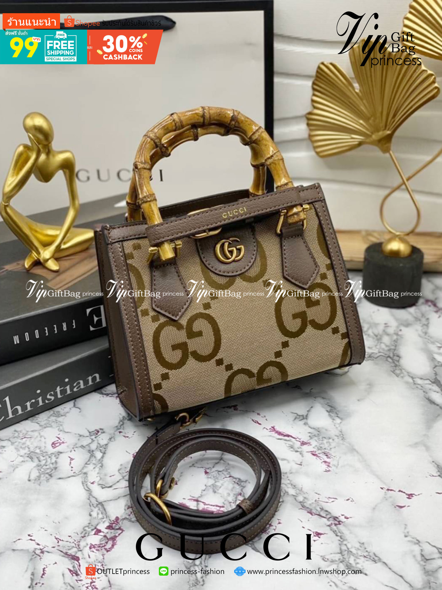 หนังแท้ Gucci Diana jumbo GG tote bag Mini พร้อมส่งที่ไทย Brown Camel and ebony jumbo GG canvas ภาพสินค้าถ่ายจากงานขายจริง ใช้งานต่างประเทศได้ค่ะ