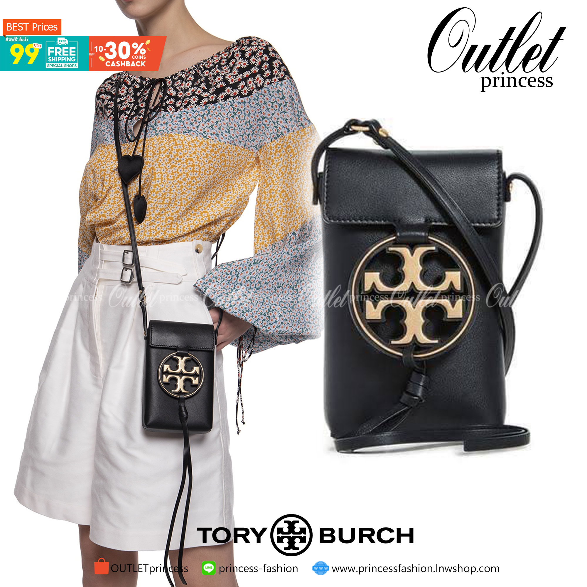 TORY BURCH MILLER METAL PHONE CROSSBODY อีกหนึ่งกระเป๋าใส่มือถือรุ่นฮิตที่เชื่อว่าหลาย ๆ คนต้องเคยเห็นผ่าน ๆ ตามาอย่างแน่นอน กับแบรนด์ Tory Burch ดีไซน์กระเป๋าทรงฝาพับแม่เหล็กใช้งานง่าย มาพร้อมดีเทล Logo แบรนด์โดดเด่นสีทองตัดกับหนังแกะสีดำ ดูหรูดูแพง! แต่