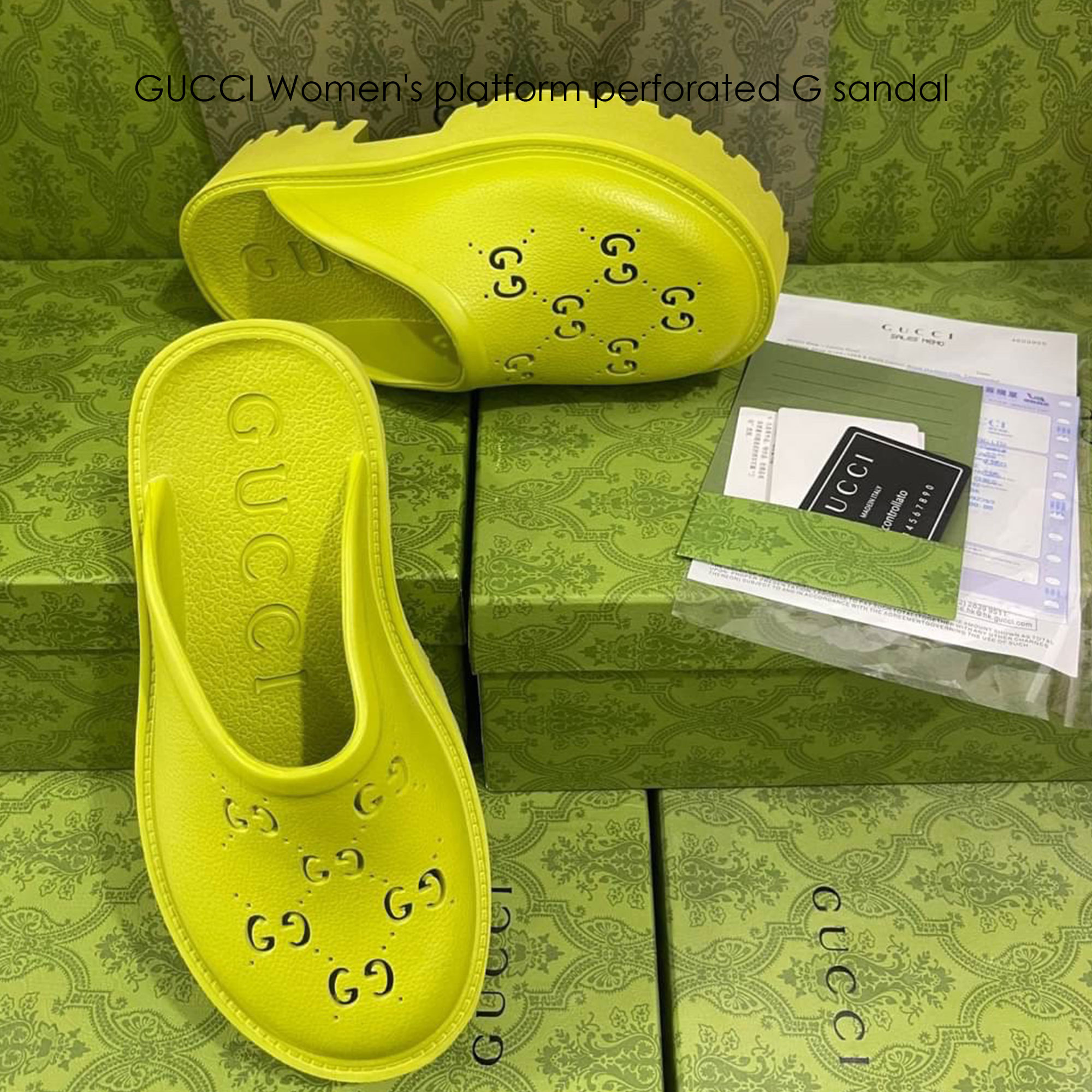 GUCCI Women's platform perforated G sandal รองเท้าแตะกุชชี่พื้นหนา 5cm รุ่นยอดนิยม ยางคุณภาพฉลุลาย GG ยางมีความยืดหยุ่นเนื้อนิ่มไม่แข็งกระด้าง