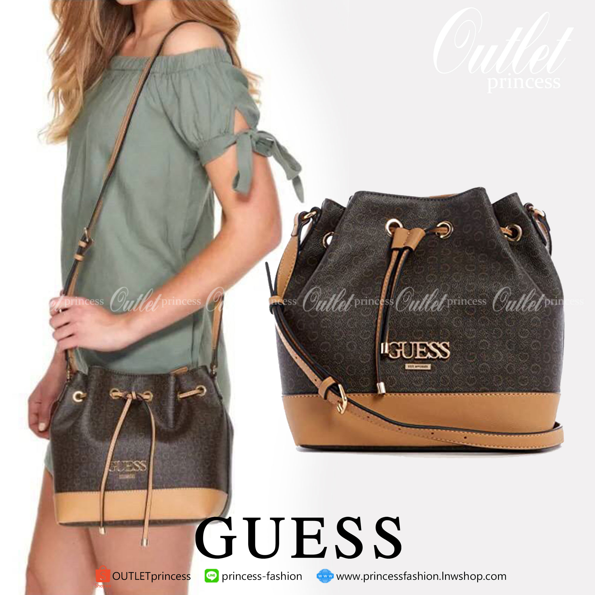 Guess Muze Logo Bucket Bag Adjustable crossbody กระเป๋าสะพายทรงขนมจีบ