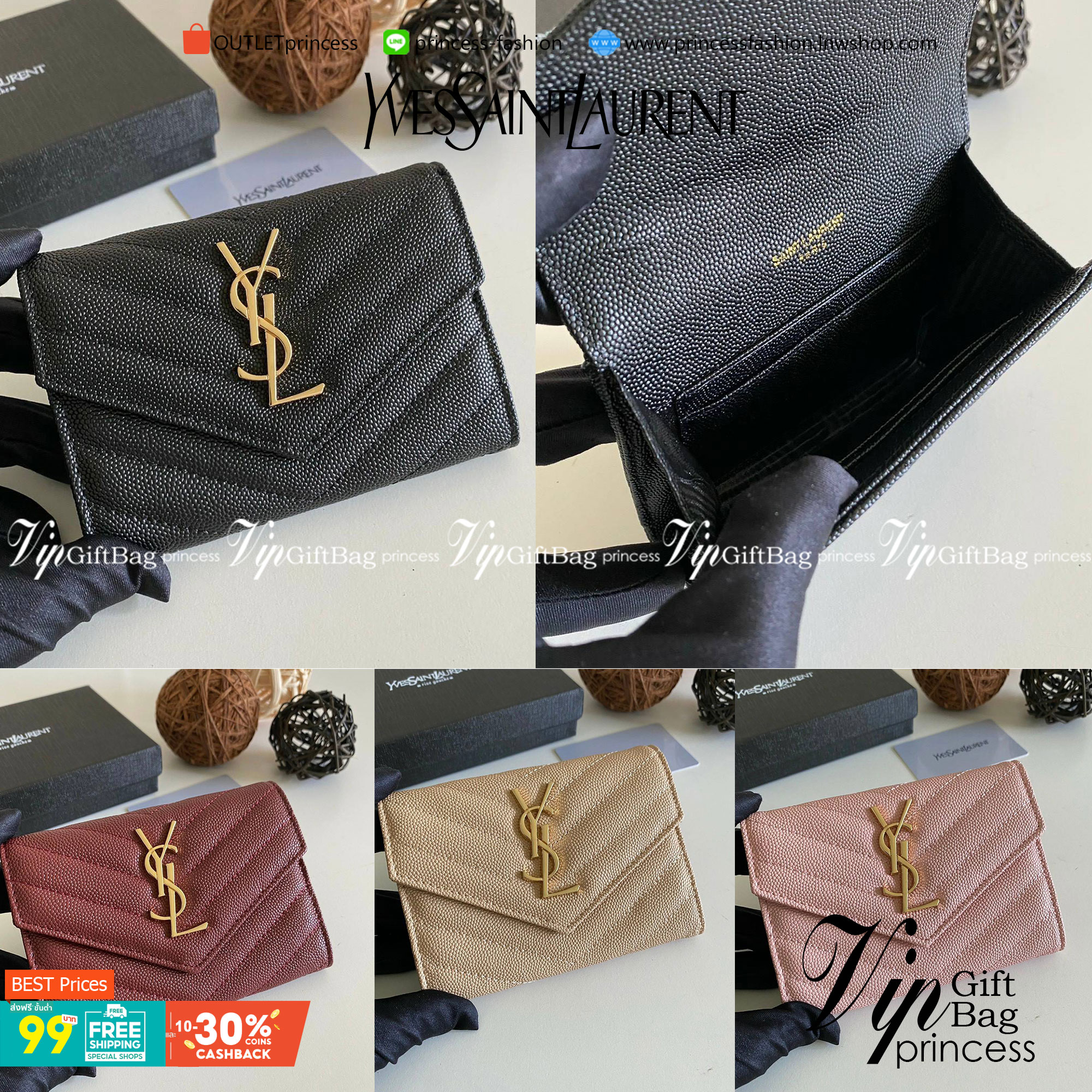 หนังแท้ 12cm YSL SAINT LAURENT GARD HOLDER Small Envelope Monogram Wallet