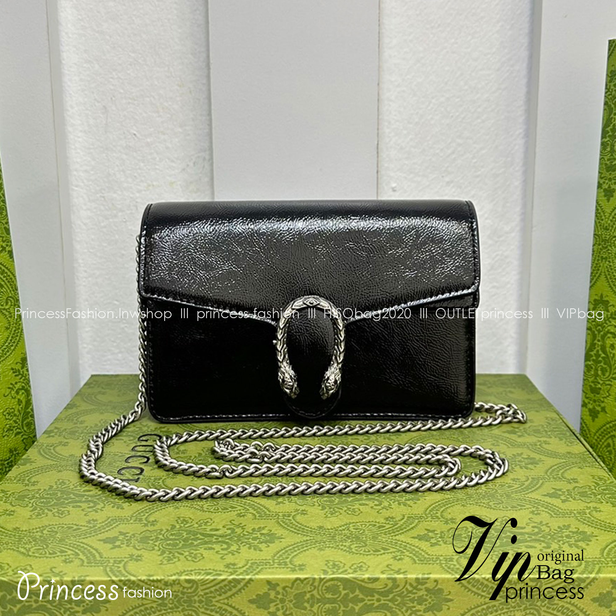 GUCCI DIONYSUS SUPER MINI BAG Patent Leather กระเป๋าสะพายหนังแก้ว เกรดออริ สลับแท้ 1:1 ใช้งานต่างประเทศได้