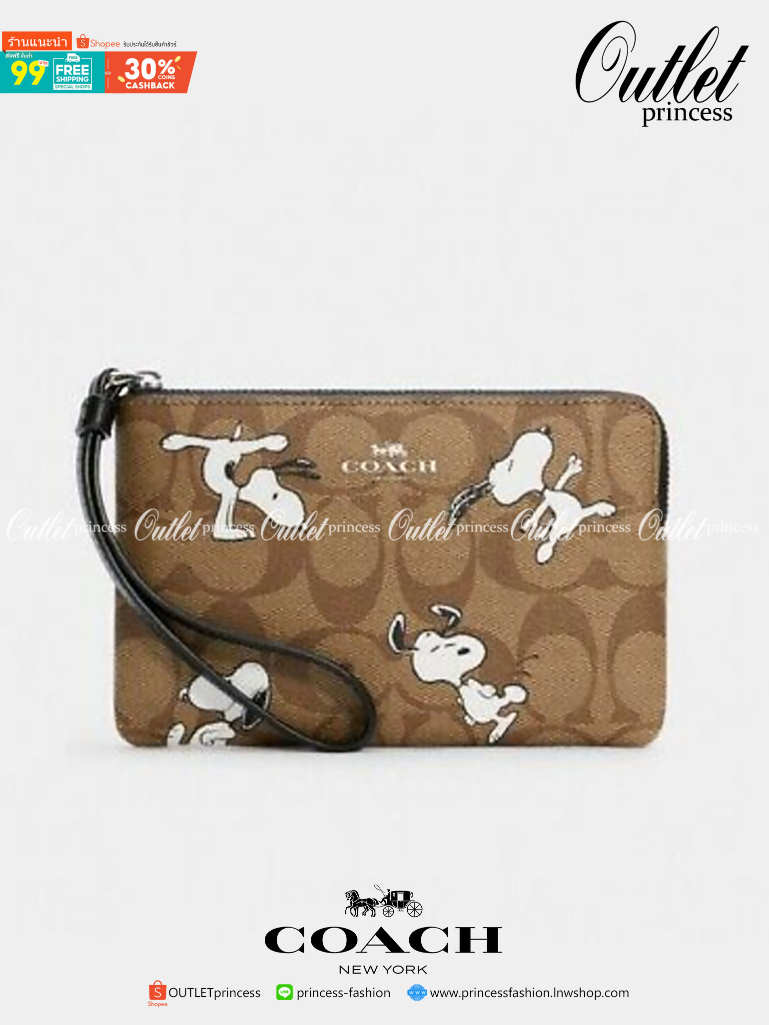 COACH C4589 COACH x PEANUTS CORNER ZIP WRISTLET IN SIGNATURE CANVAS WITH SNOOPY PRINT เหล่าผองเพื่อนและสนูปพีมาแล้วจ้า คอลเลคชั่นสุดน่ารักที่ฮอตไม่มีตก กระเป๋าคล้องมือ ขนาดเหมาะพกพากำลังเหมาะ วัสดุหนังแคนวาสเคลือบลาย ภายในเป็นช่องโล่ง ใส่ธนบัตร หรือใส่บัต