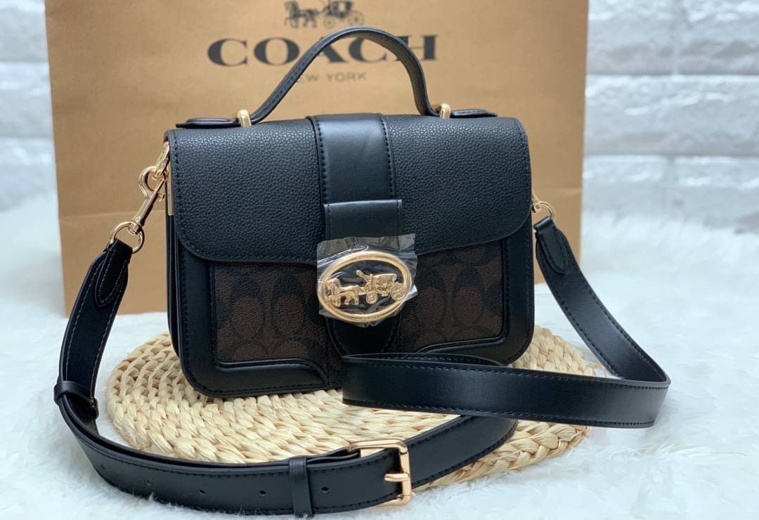 ของแท้ 💯% COACH SMALL GEORGIE TOP HANDLE IN BLOCKED SIGNATURE CANVAS ((6504//0468)) กระเป๋าหิ้ว//สะพายข้างได้ วัสดุหนังแท้