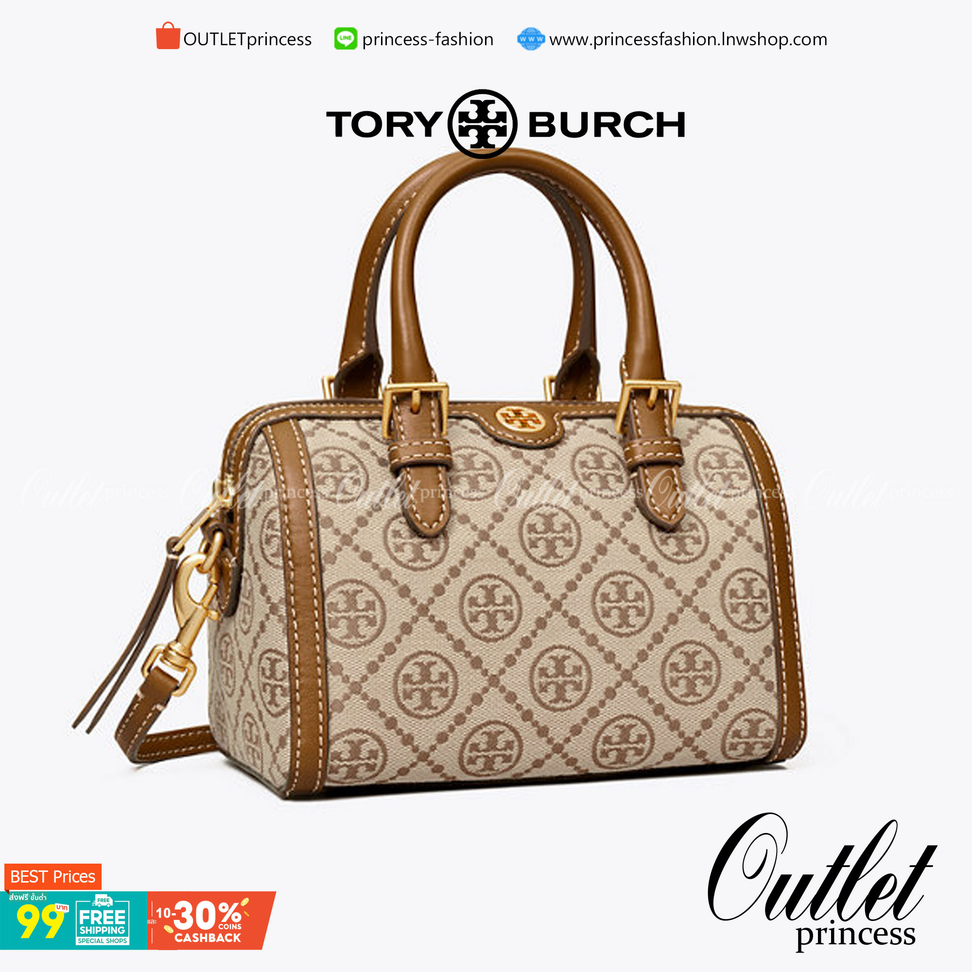 mini TORY BURCH FACTORY MONOGRAM JACQUARD BOSTON BAG กระเป๋าทรงหมอนรุ่นใหม่ล่าสุดจาก TORY BURCH FACTORY วัสดุ Woven Jacquard & Leather ในลาย Jacquard จะถือหรือสะพายก็สวยหรู ทรง Boston อะไหล่ทอง